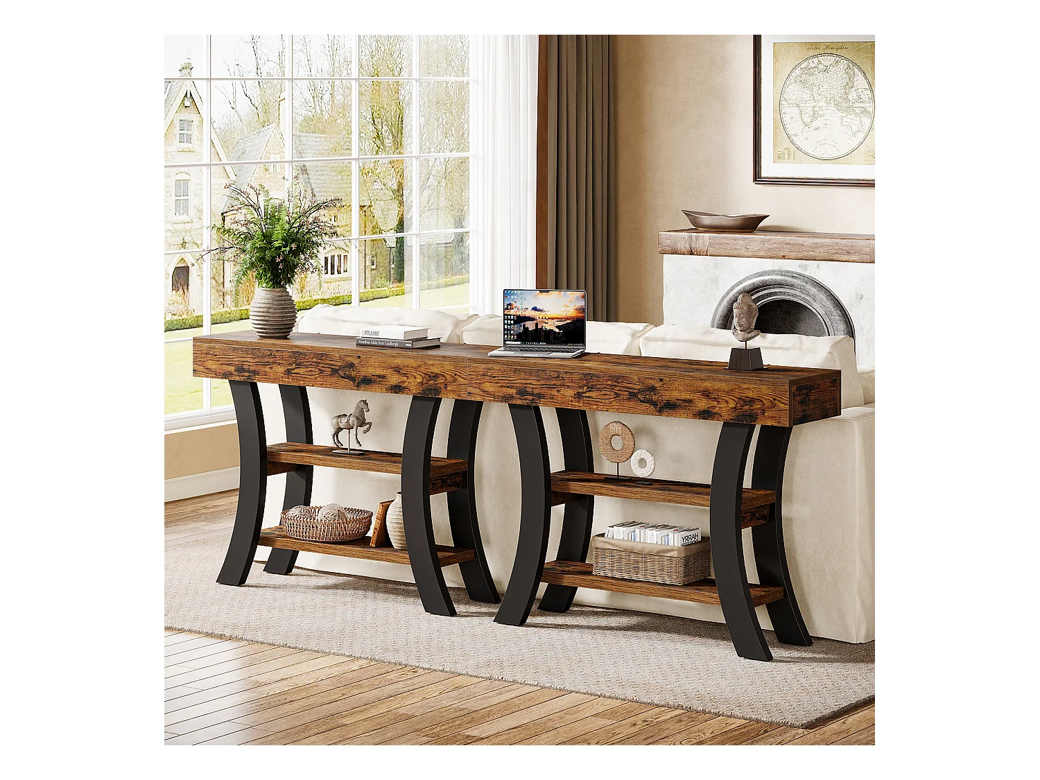 Petite table console de 105 cm pour entrée, table de canapé rustique à 3 niveaux