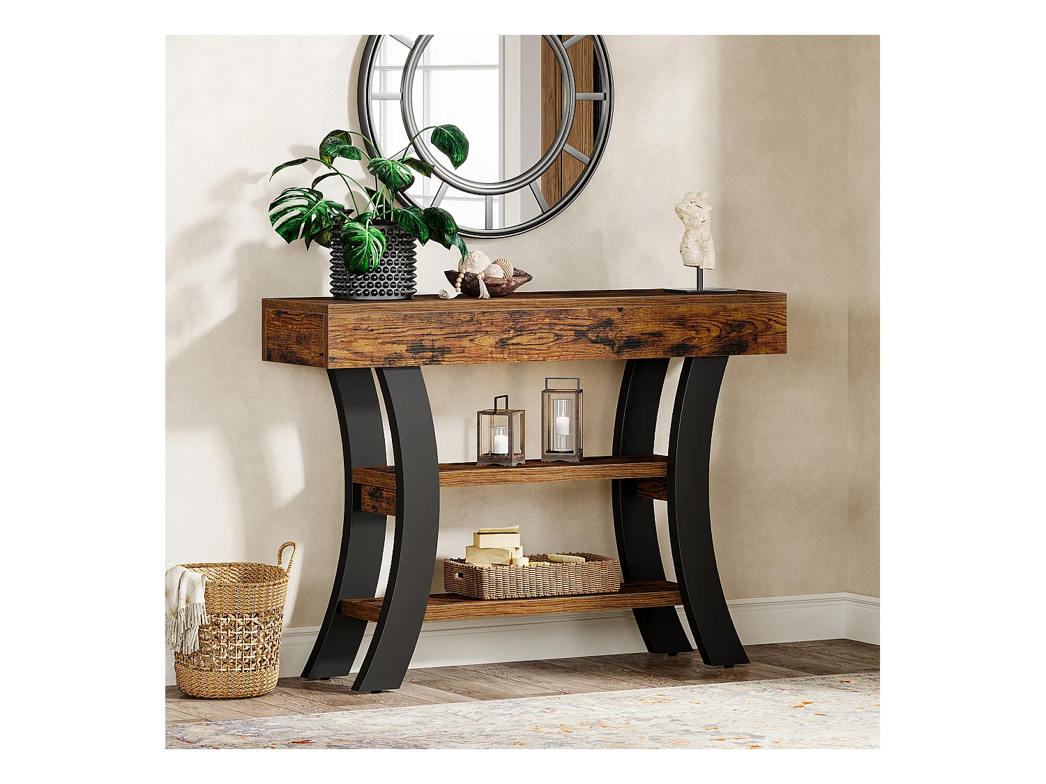 Petite table console de 105 cm pour entrée, table de canapé rustique à 3 niveaux