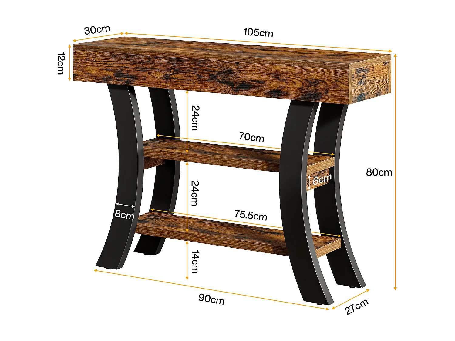 Petite table console de 105 cm pour entrée, table de canapé rustique à 3 niveaux