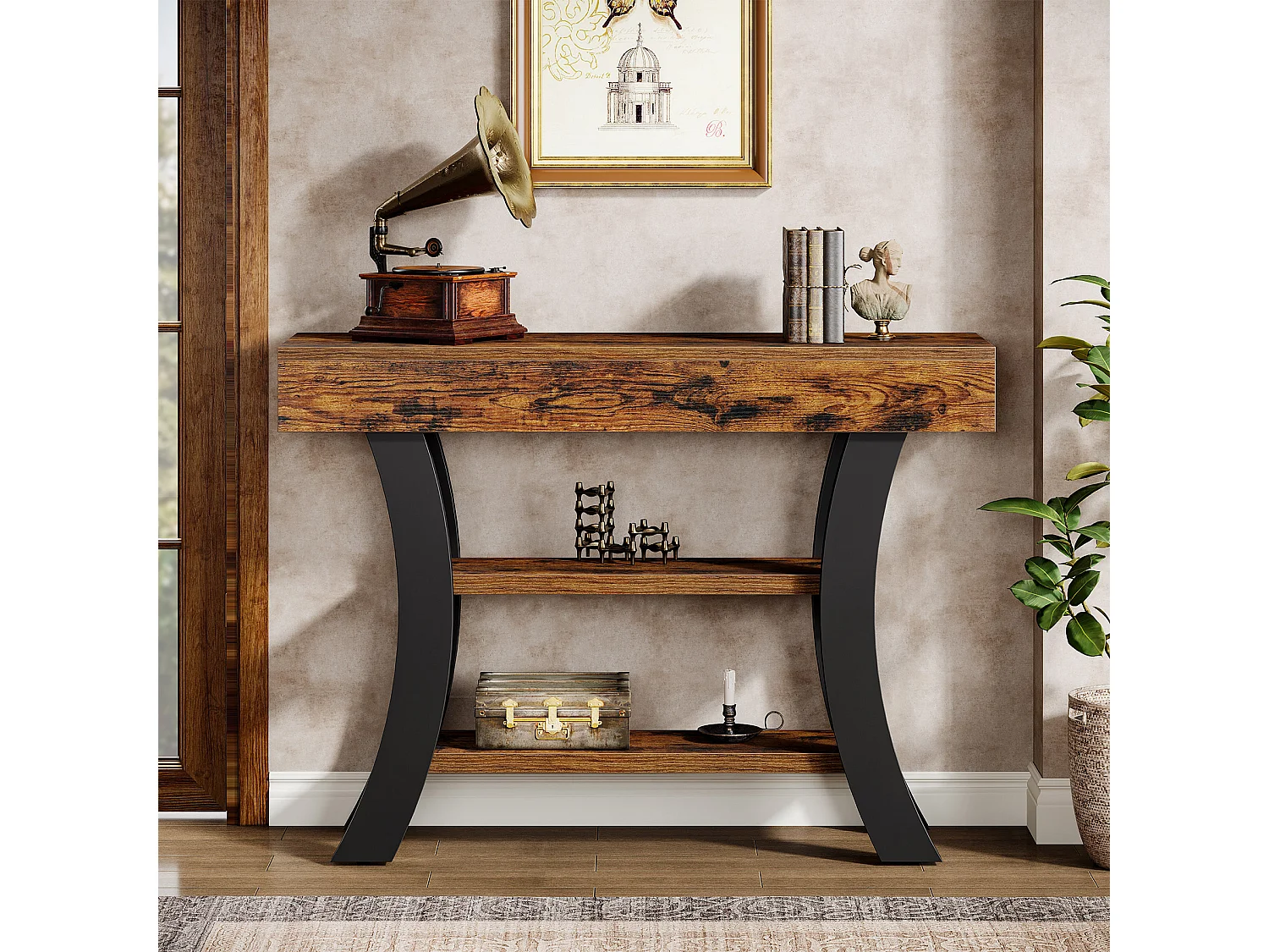 Petite table console de 105 cm pour entrée, table de canapé rustique à 3 niveaux