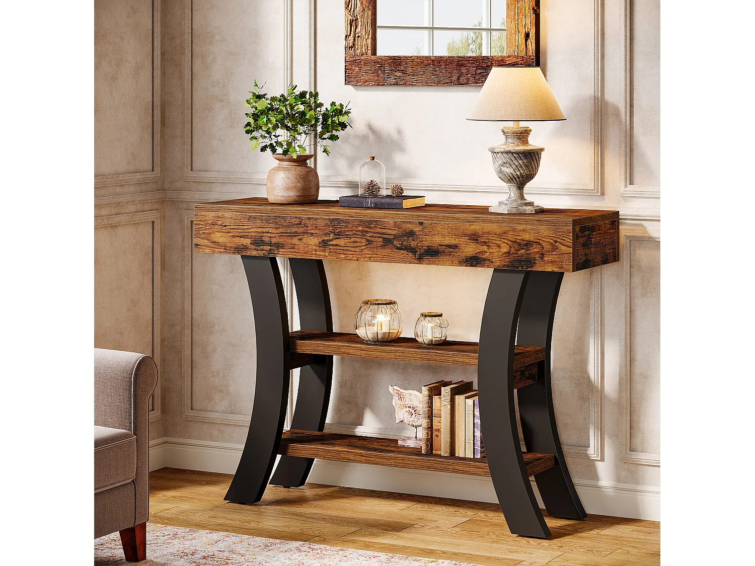 Petite table console de 105 cm pour entrée, table de canapé rustique à 3 niveaux
