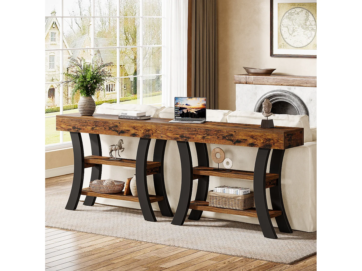 Petite table console de 105 cm pour entrée, table de canapé rustique à 3 niveaux