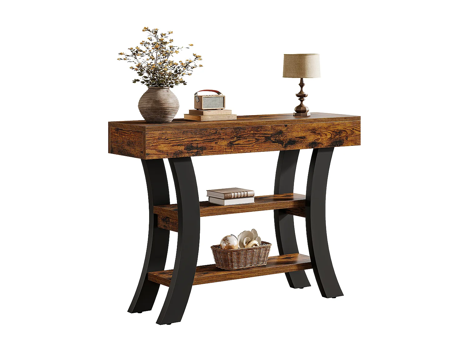 Petite table console de 105 cm pour entrée, table de canapé rustique à 3 niveaux