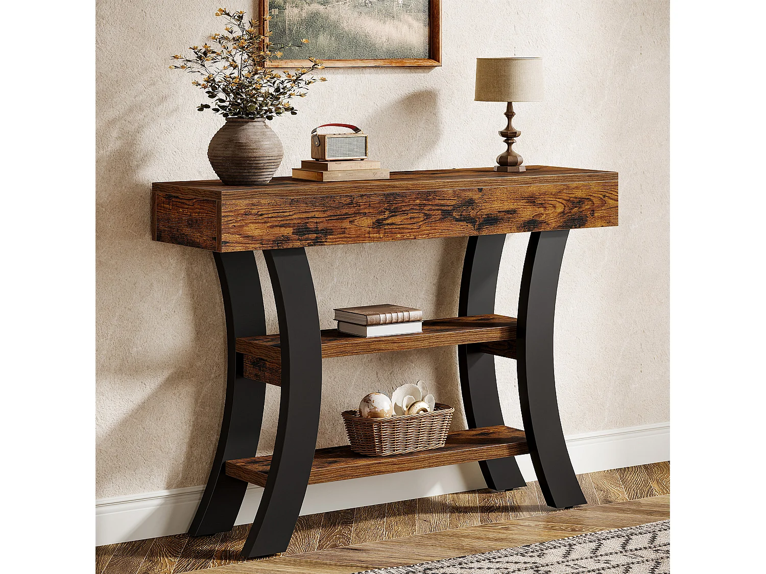 Petite table console de 105 cm pour entrée, table de canapé rustique à 3 niveaux