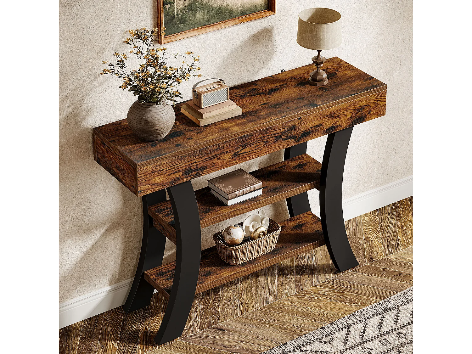 Petite table console de 105 cm pour entrée, table de canapé rustique à 3 niveaux