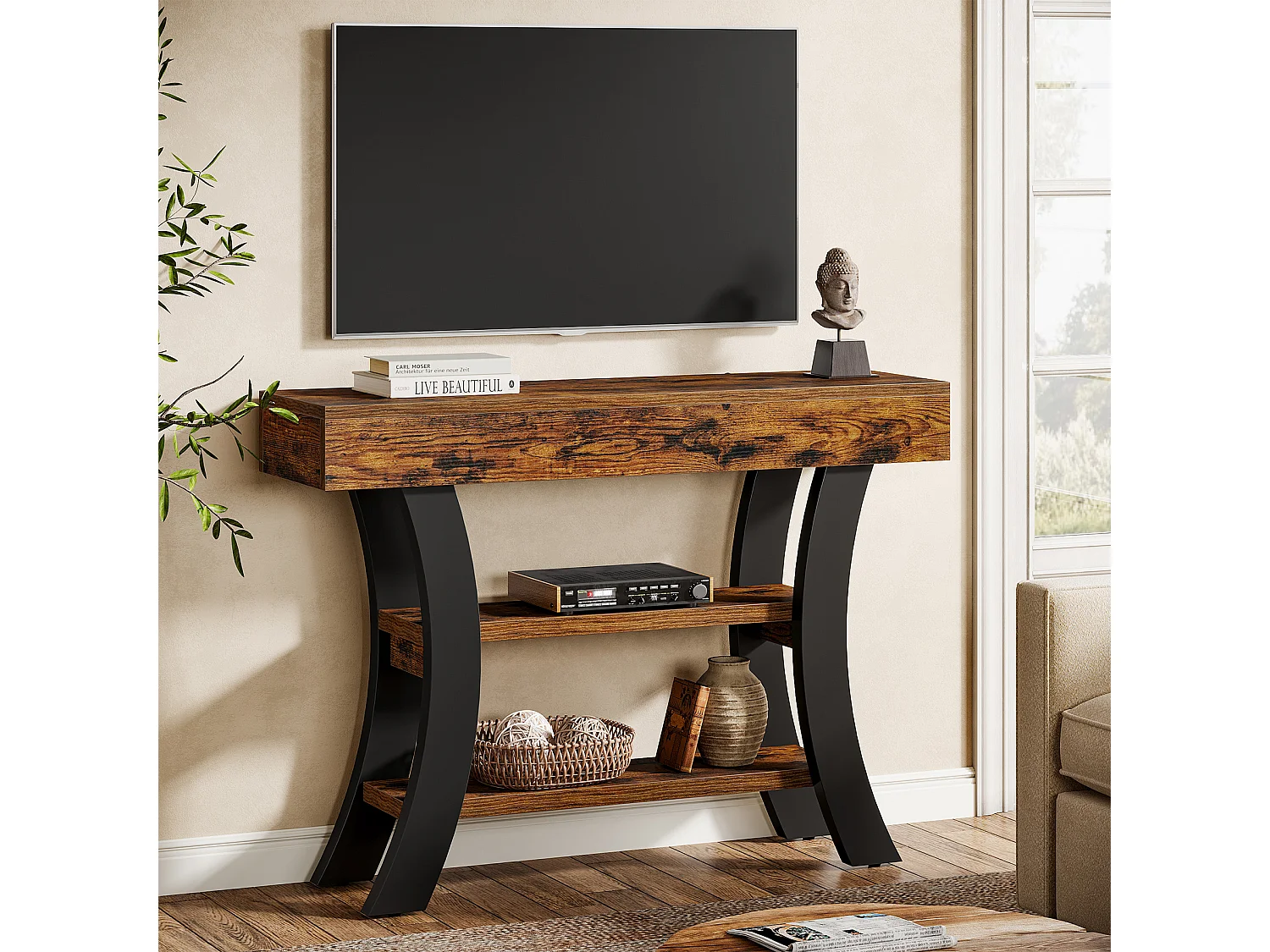 Petite table console de 105 cm pour entrée, table de canapé rustique à 3 niveaux