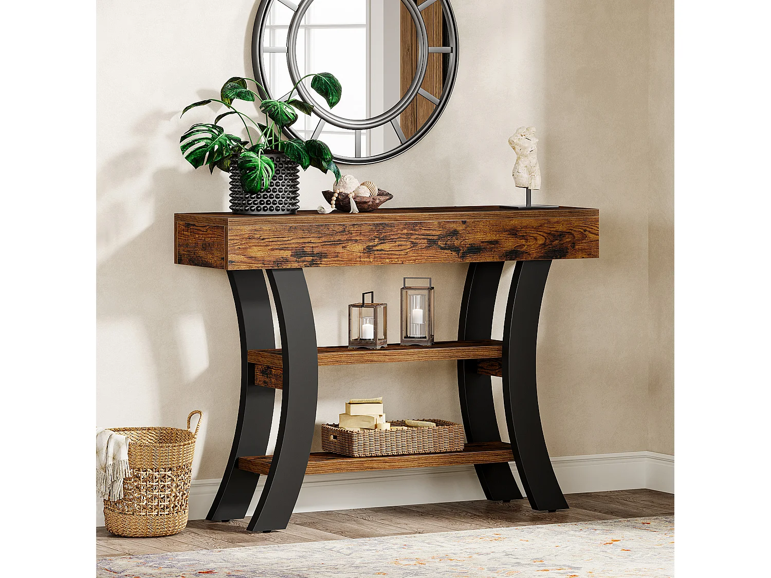 Petite table console de 105 cm pour entrée, table de canapé rustique à 3 niveaux