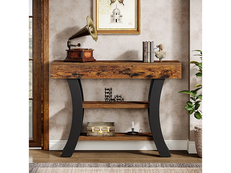 Petite table console de 105 cm pour entrée, table de canapé rustique à 3 niveaux