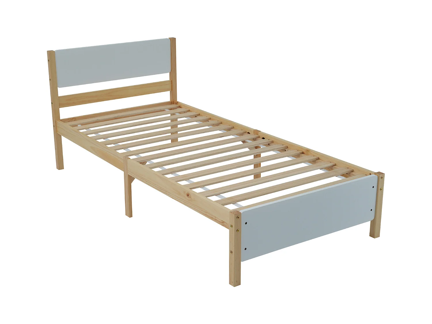 Lit simple, lit en bois, cadre en pin avec pied central, lit jeune, lit adulte, avec tête et pied de lit en MDF, blanc + naturel, 90x200 cm