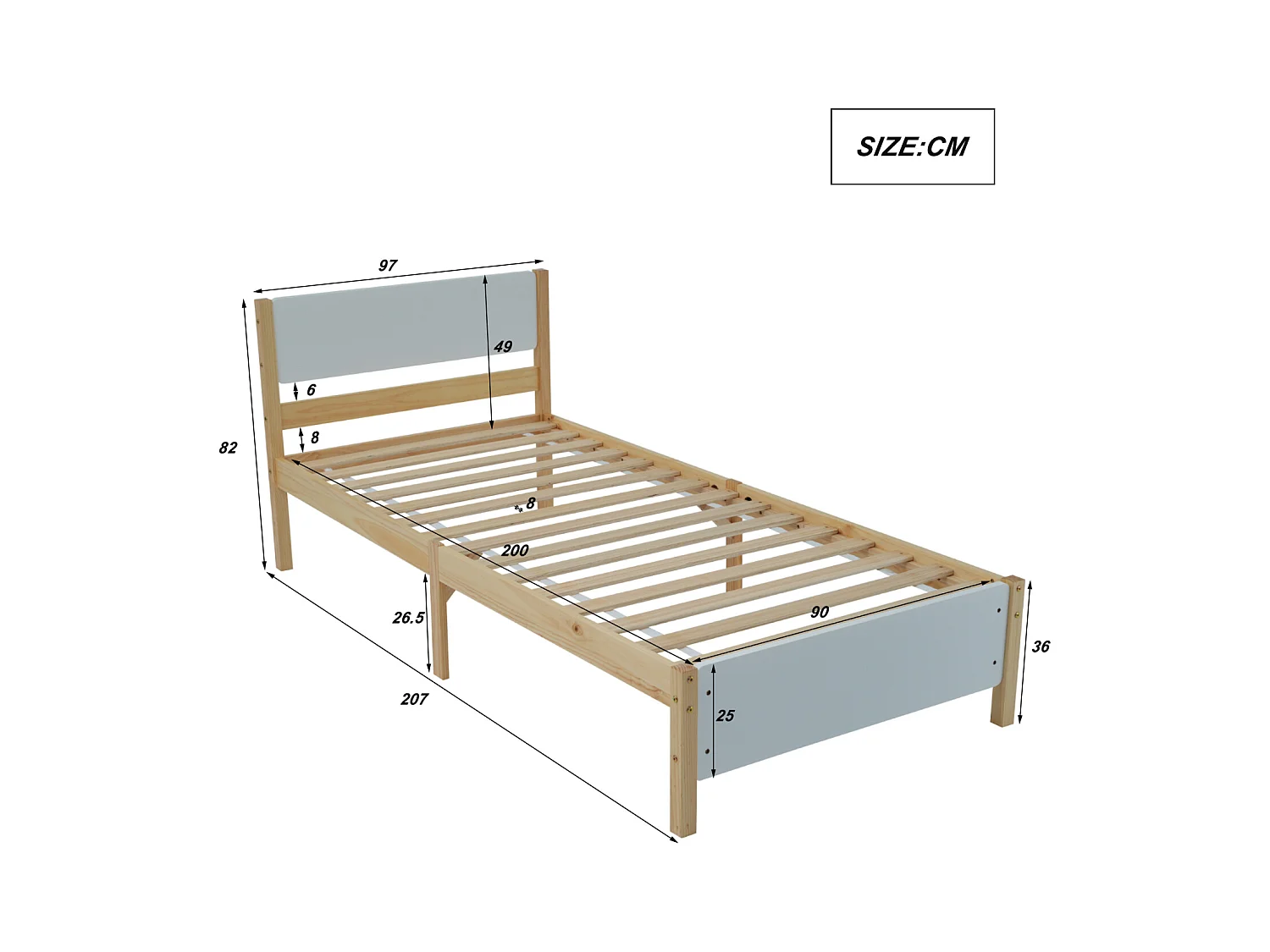 Lit simple, lit en bois, cadre en pin avec pied central, lit jeune, lit adulte, avec tête et pied de lit en MDF, blanc + naturel, 90x200 cm