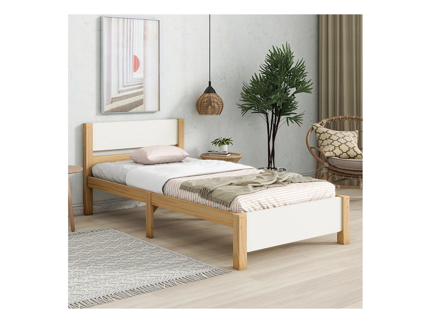 Lit simple, lit en bois, cadre en pin avec pied central, lit jeune, lit adulte, avec tête et pied de lit en MDF, blanc + naturel, 90x200 cm