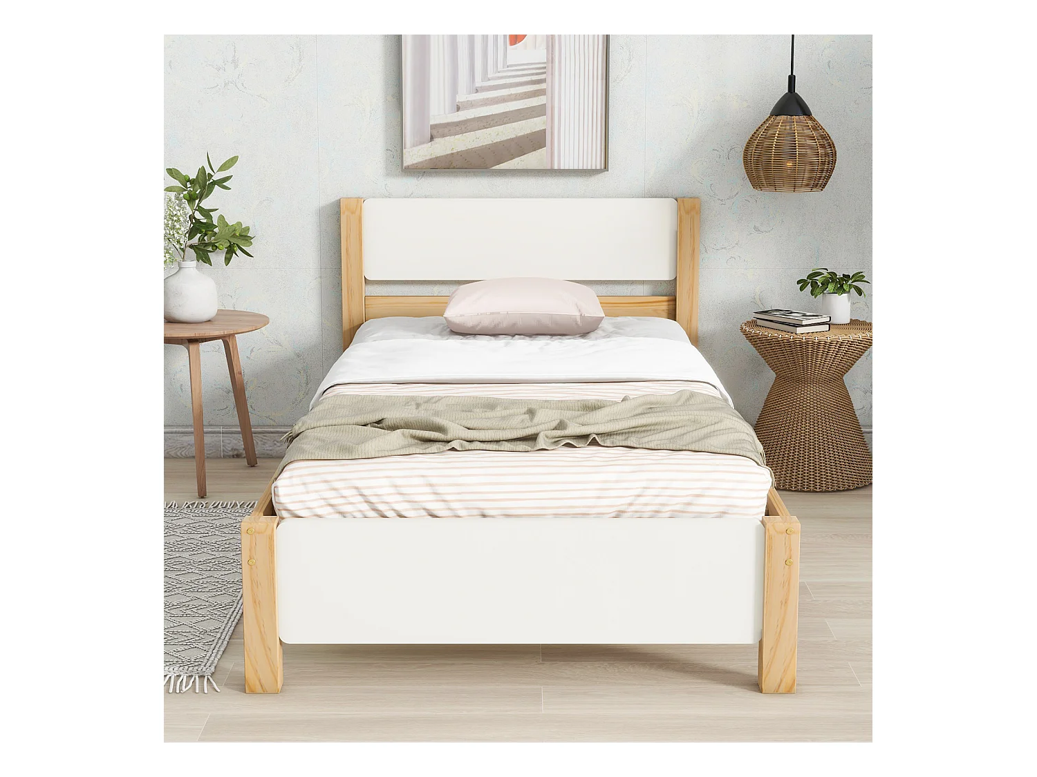 Eenpersoonsbed, houten bed, grenen frame met centrale poot, jeugdbed, volwassen bed, met MDF hoofdbord en voeteneinde, wit + naturel, 90x200 cm