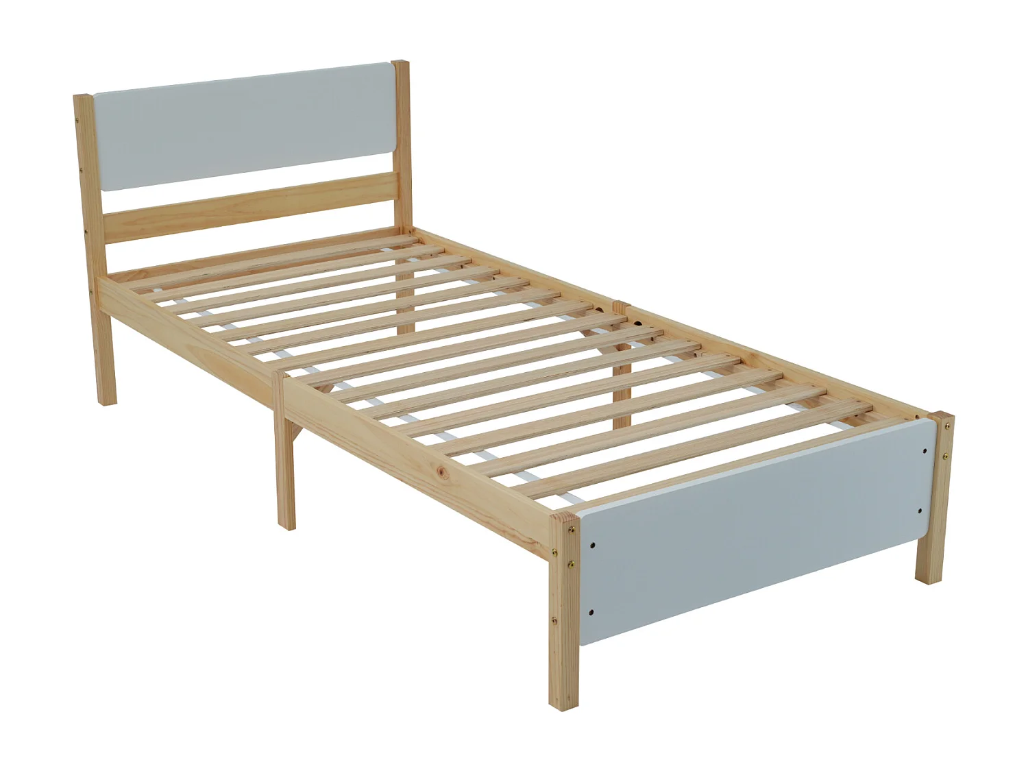 Lit simple, lit en bois, cadre en pin avec pied central, lit jeune, lit adulte, avec tête et pied de lit en MDF, blanc + naturel, 90x200 cm