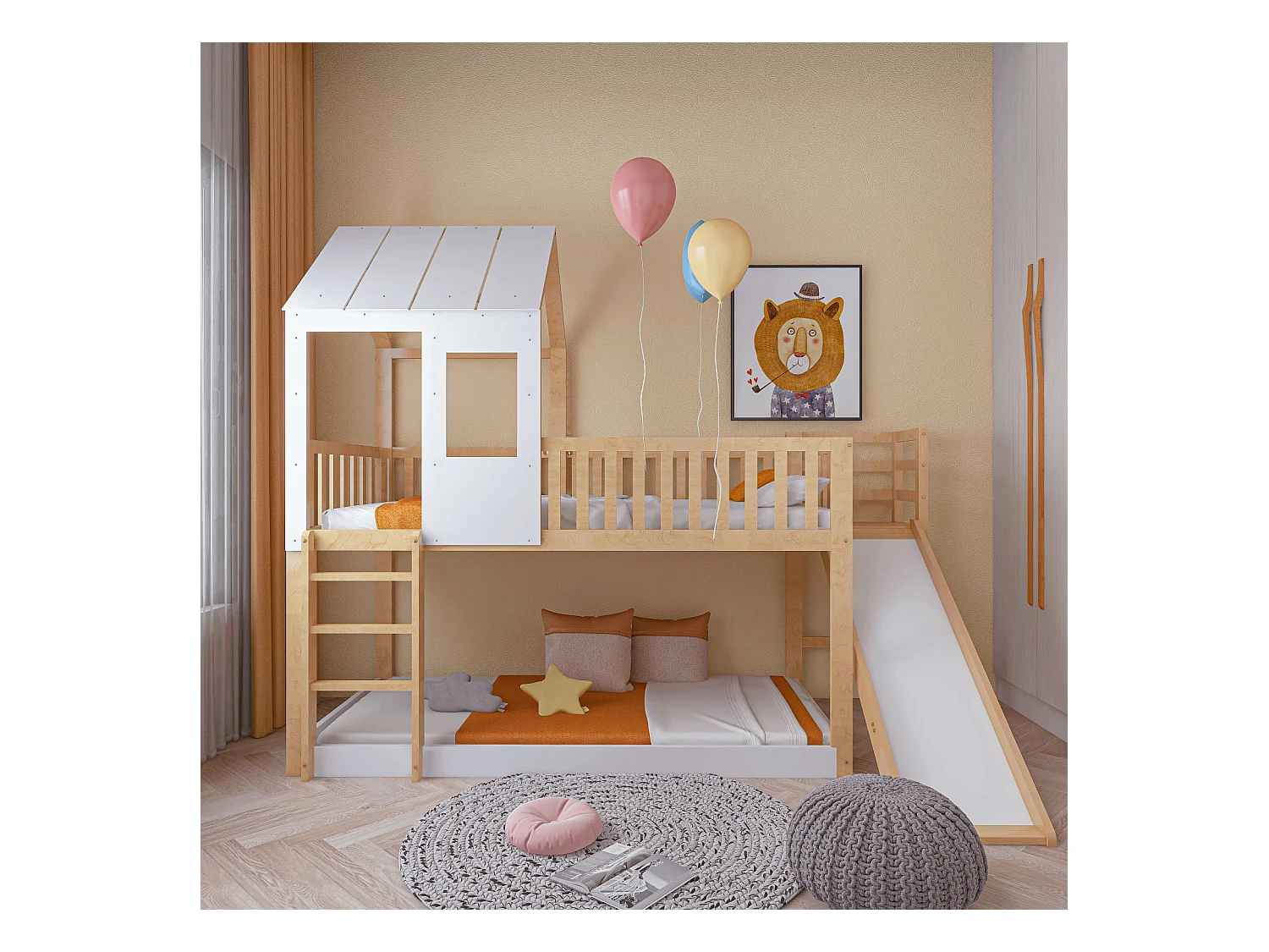 Letto a castello, scala, scivolo, letto a casetta, tetto, finestra, protezione, pino, naturale+bianco, 90x200cm