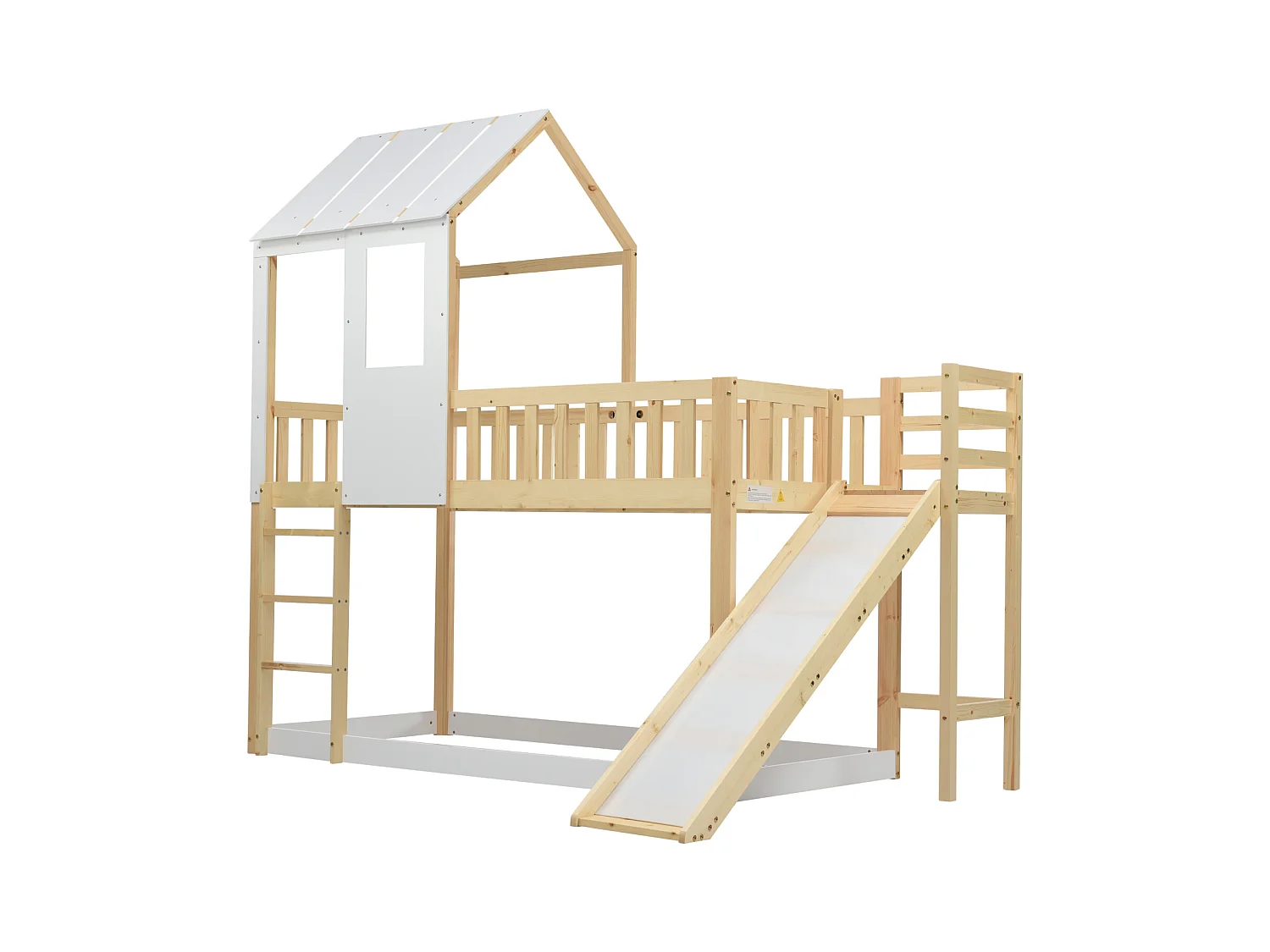 Letto a castello, scala, scivolo, letto a casetta, tetto, finestra, protezione, pino, naturale+bianco, 90x200cm