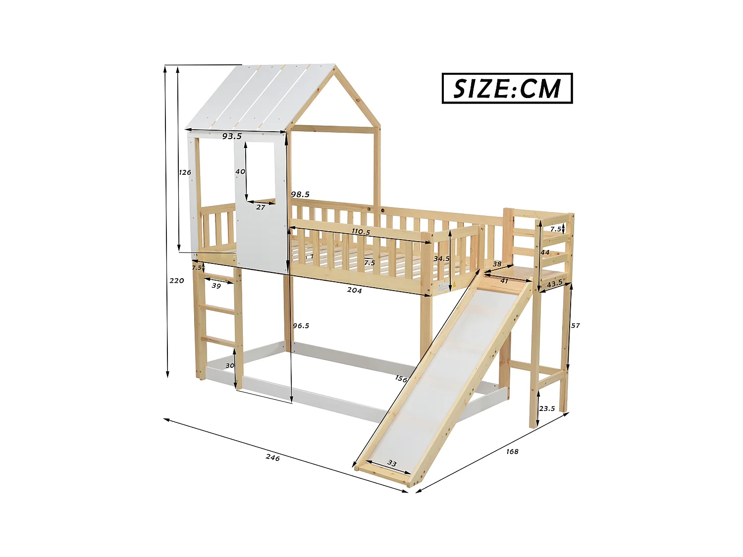 Letto a castello, scala, scivolo, letto a casetta, tetto, finestra, protezione, pino, naturale+bianco, 90x200cm