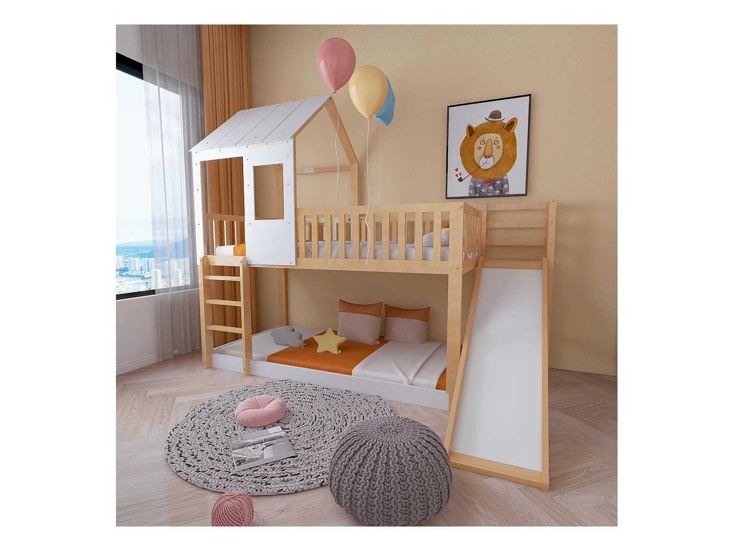 Letto a castello, scala, scivolo, letto a casetta, tetto, finestra, protezione, pino, naturale+bianco, 90x200cm