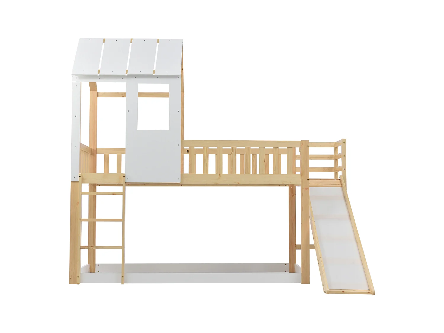 Letto a castello, scala, scivolo, letto a casetta, tetto, finestra, protezione, pino, naturale+bianco, 90x200cm