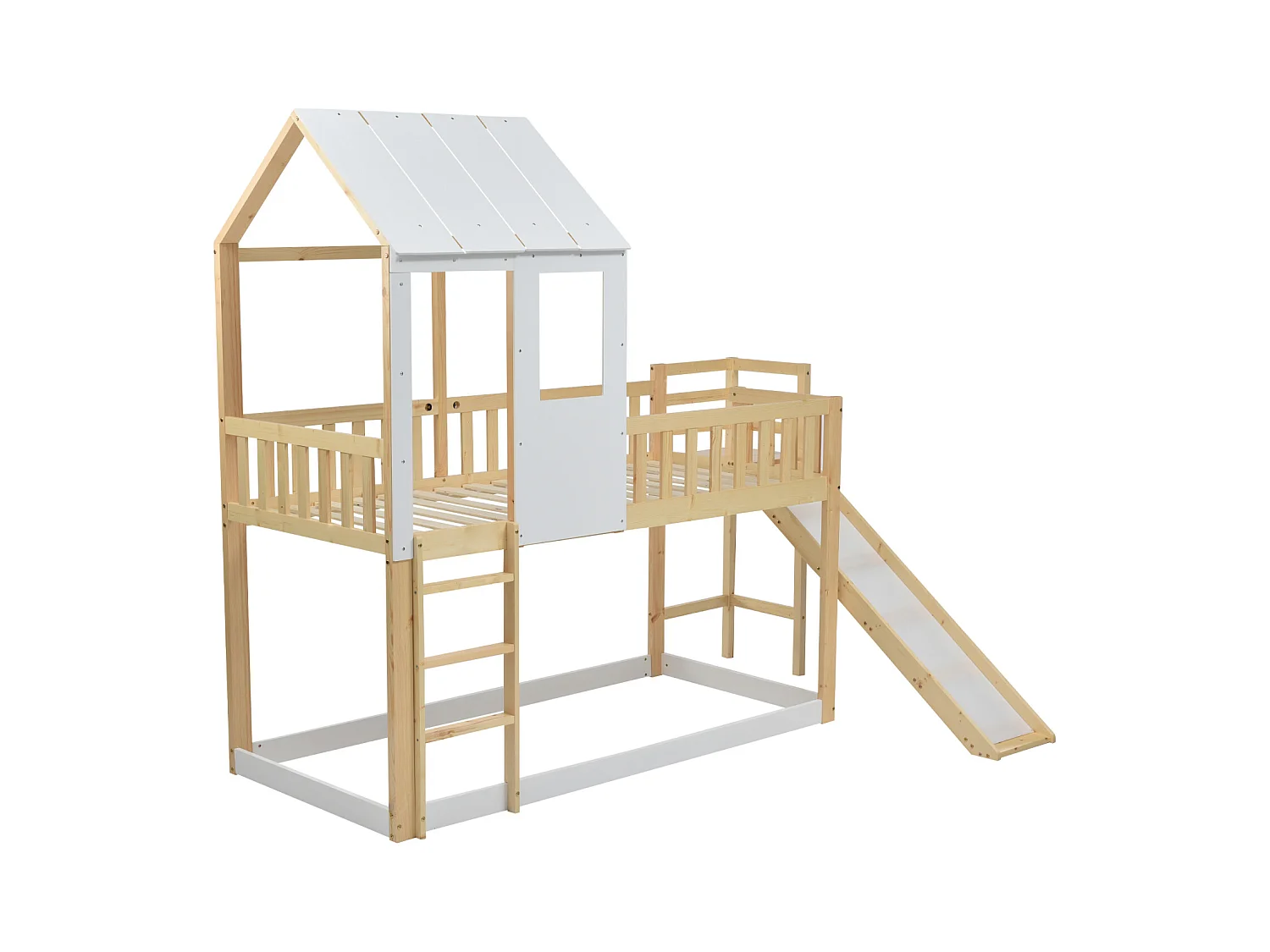 Letto a castello, scala, scivolo, letto a casetta, tetto, finestra, protezione, pino, naturale+bianco, 90x200cm