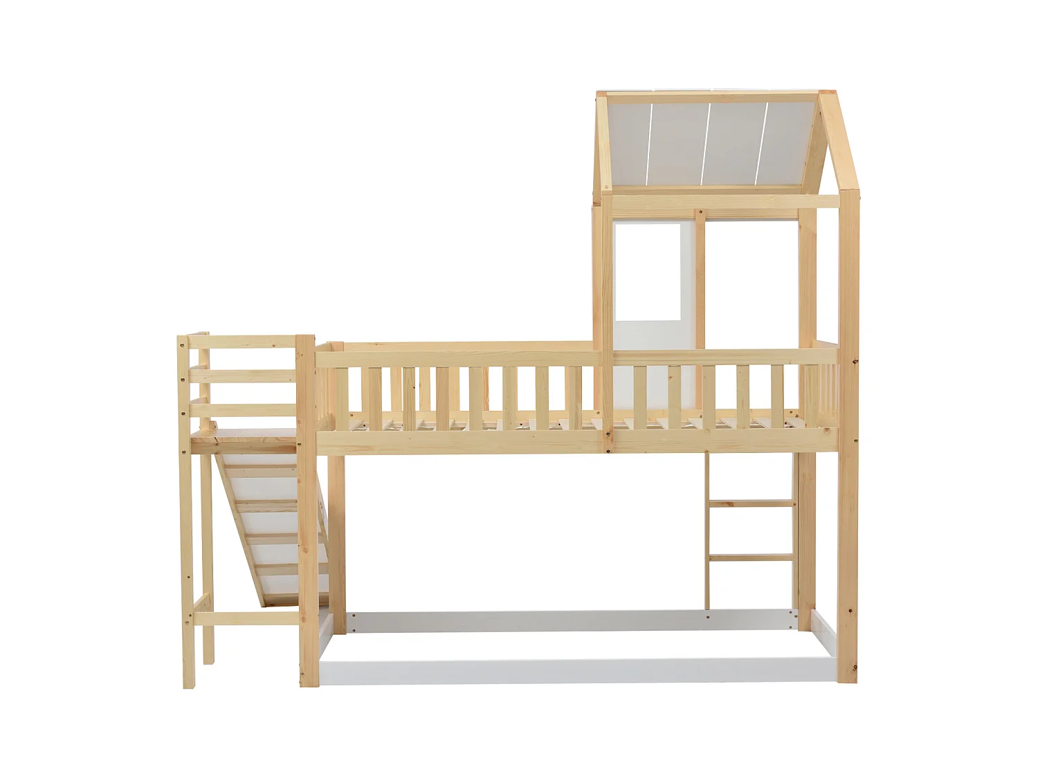 Letto a castello, scala, scivolo, letto a casetta, tetto, finestra, protezione, pino, naturale+bianco, 90x200cm