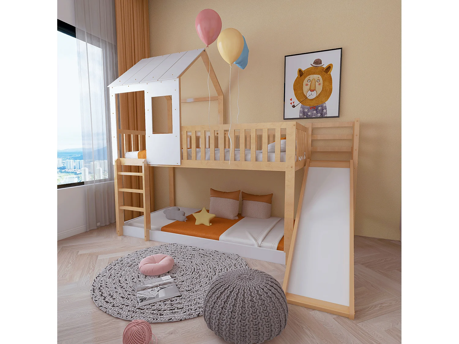 Letto a castello, scala, scivolo, letto a casetta, tetto, finestra, protezione, pino, naturale+bianco, 90x200cm