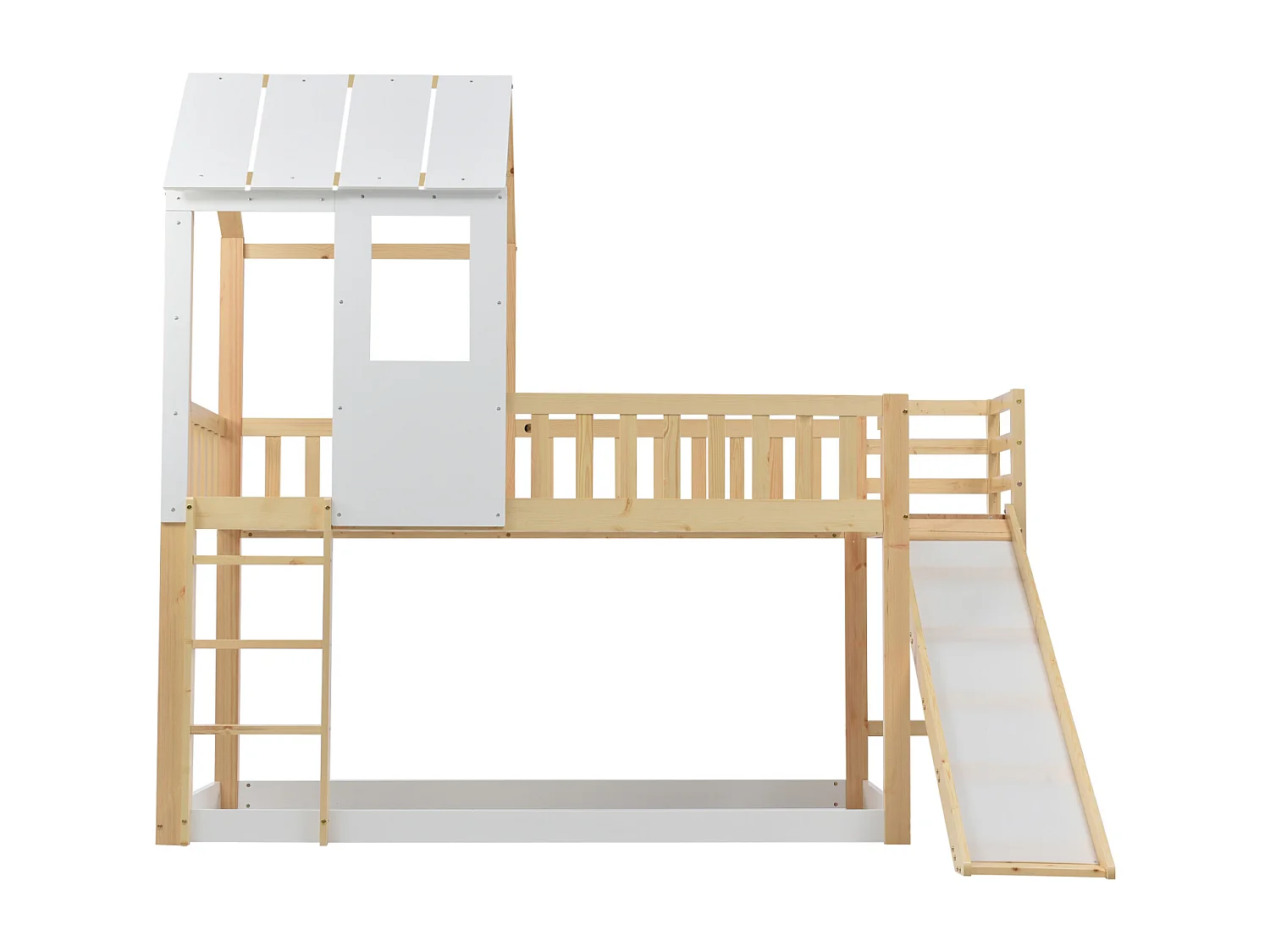 Letto a castello, scala, scivolo, letto a casetta, tetto, finestra, protezione, pino, naturale+bianco, 90x200cm