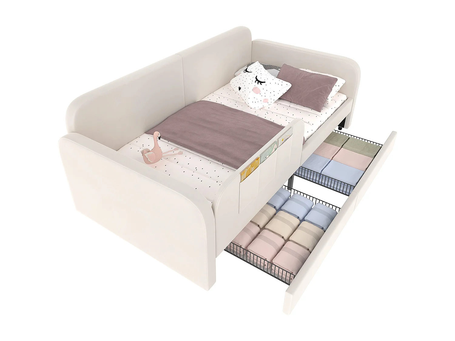 Letto imbottito per bambini, divano letto, divano letto (metallo), 3 scomparti, 2 cassetti su ruote, velluto + MDF + compensato, bianco, 90x200cm