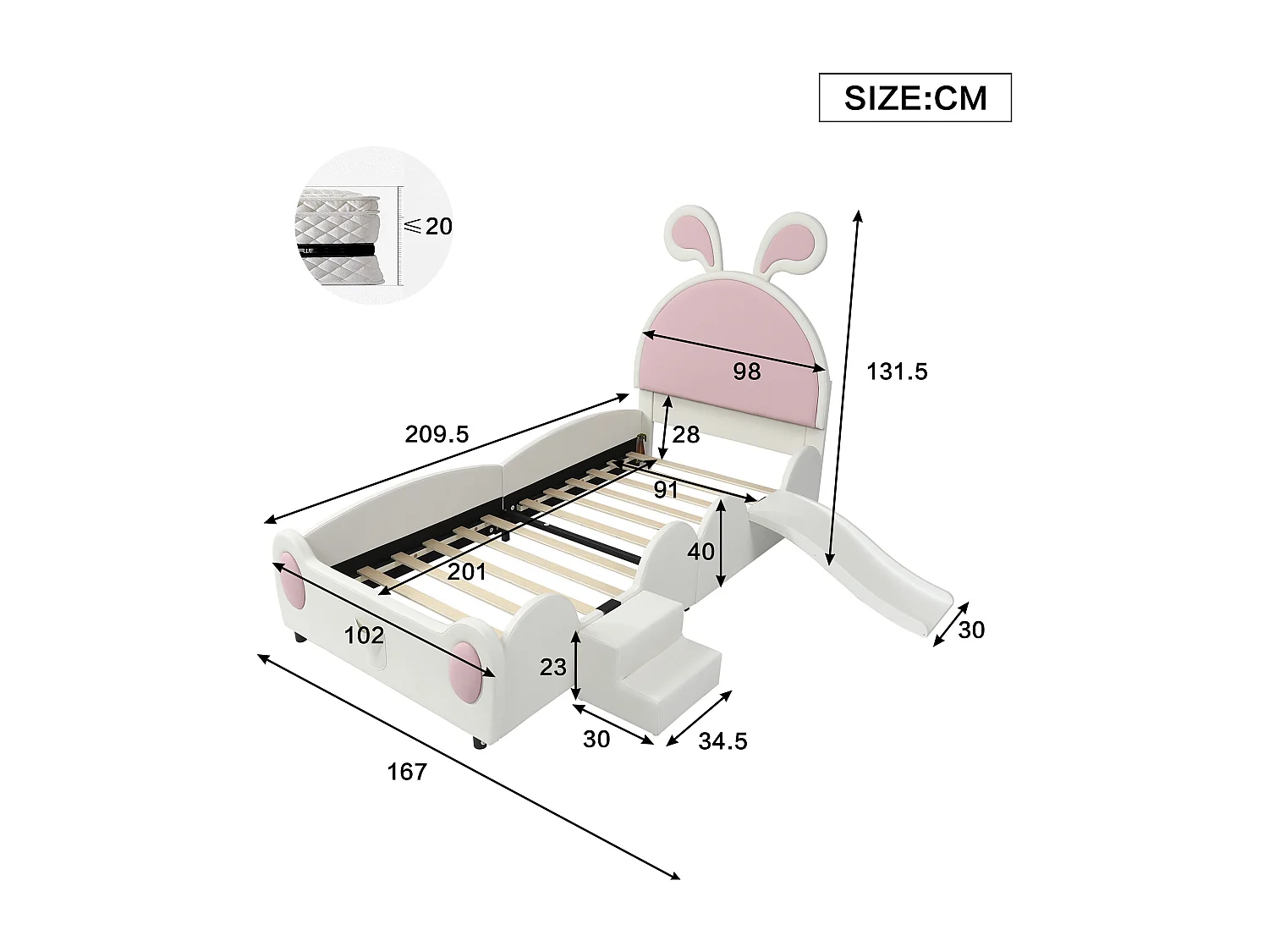 Letto singolo imbottito, scaletta, scivolo, testiera a orecchie di coniglio, doghe in legno, PU, bianco+rosa, 90x200cm