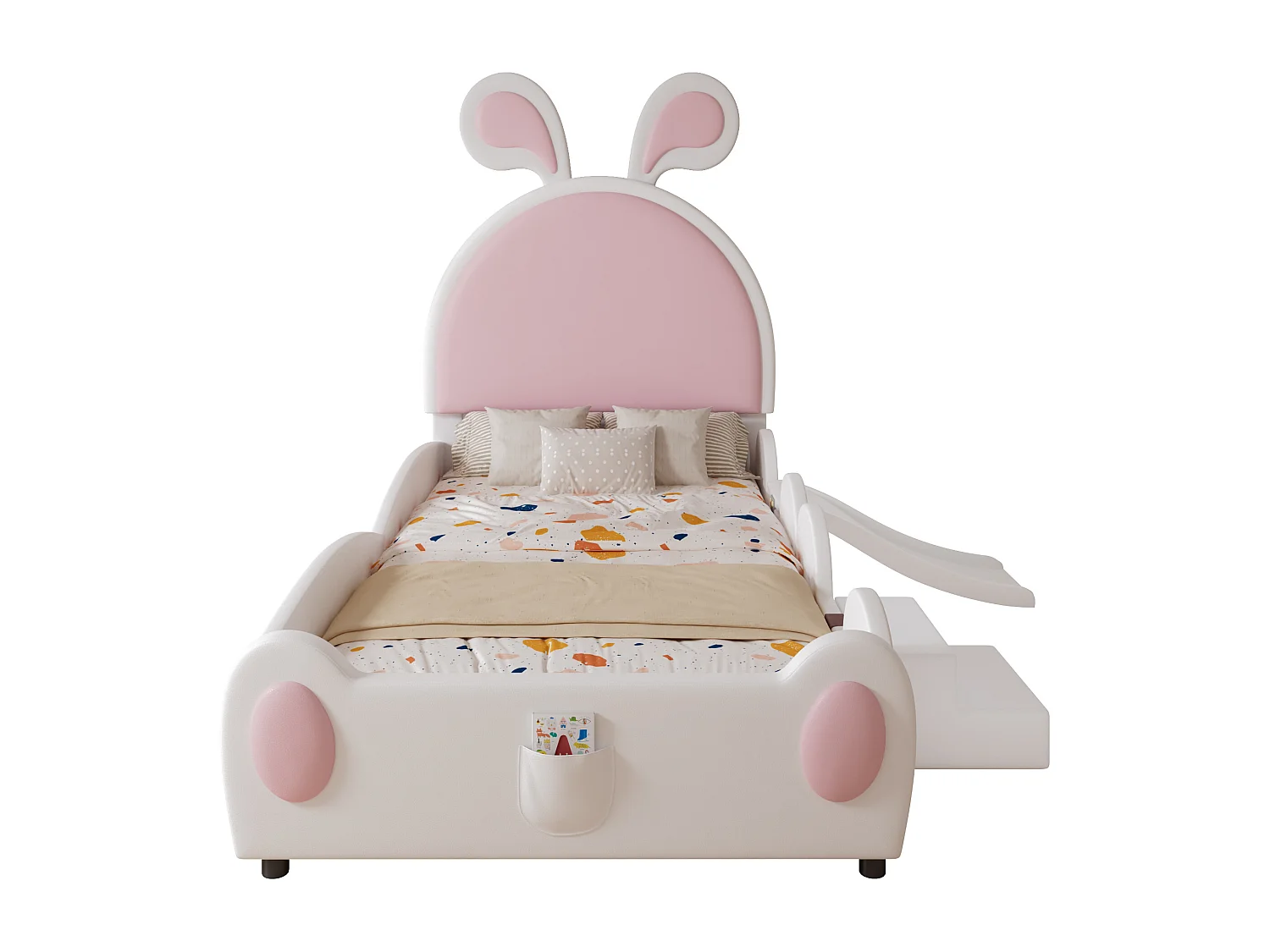 Letto singolo imbottito, scaletta, scivolo, testiera a orecchie di coniglio, doghe in legno, PU, bianco+rosa, 90x200cm