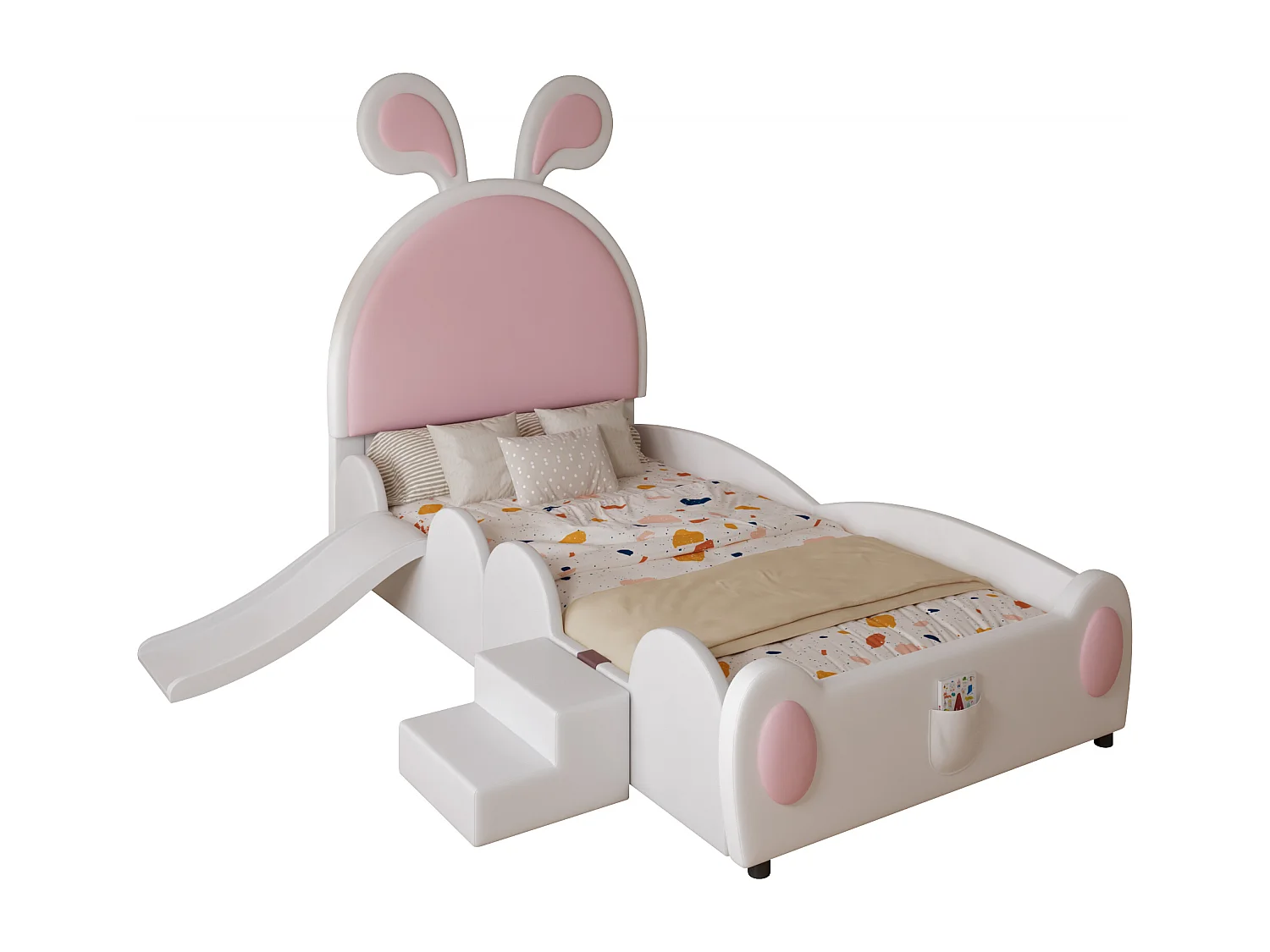 Letto singolo imbottito, scaletta, scivolo, testiera a orecchie di coniglio, doghe in legno, PU, bianco+rosa, 90x200cm