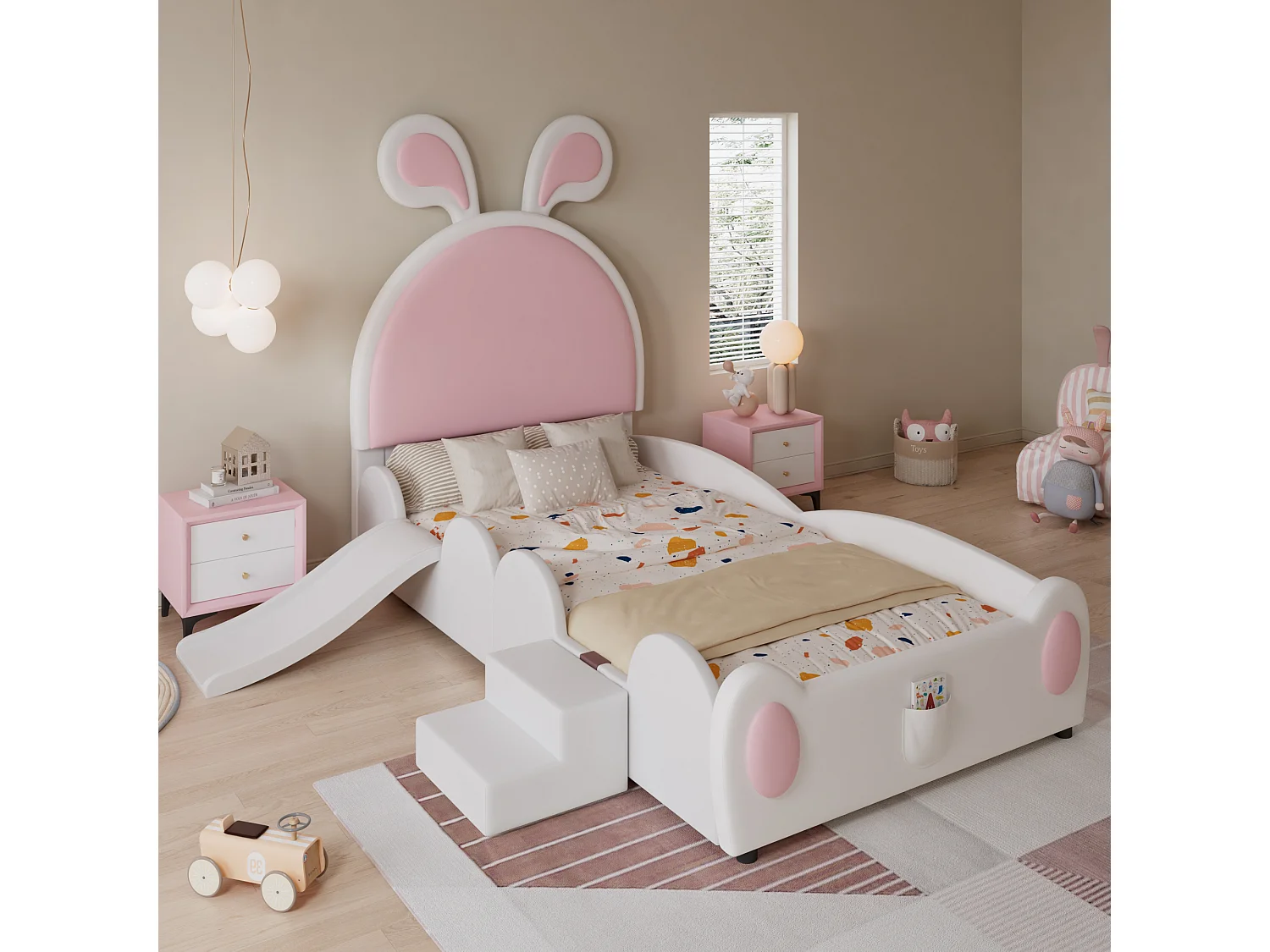 Letto singolo imbottito, scaletta, scivolo, testiera a orecchie di coniglio, doghe in legno, PU, bianco+rosa, 90x200cm