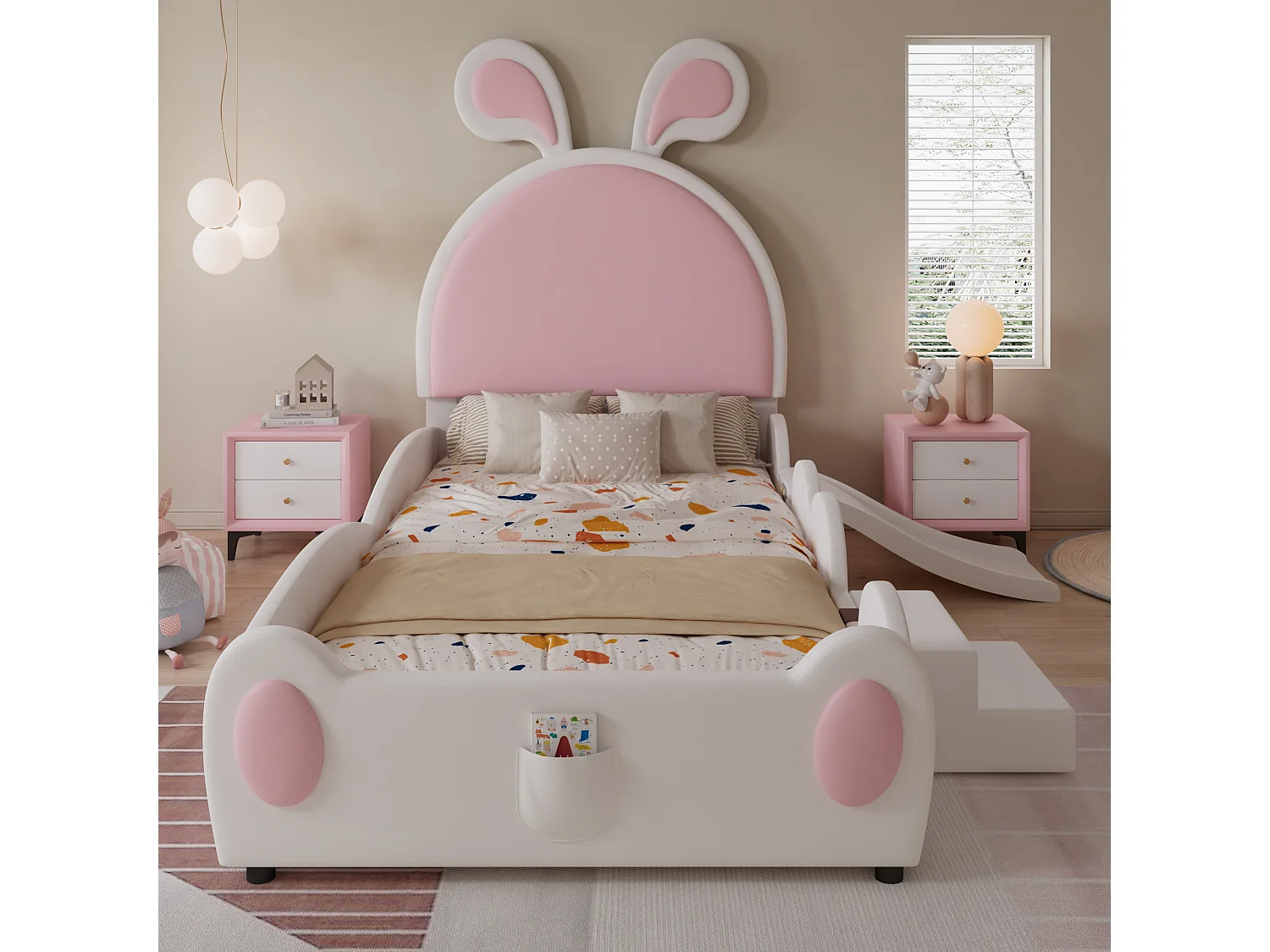 Letto singolo imbottito, scaletta, scivolo, testiera a orecchie di coniglio, doghe in legno, PU, bianco+rosa, 90x200cm