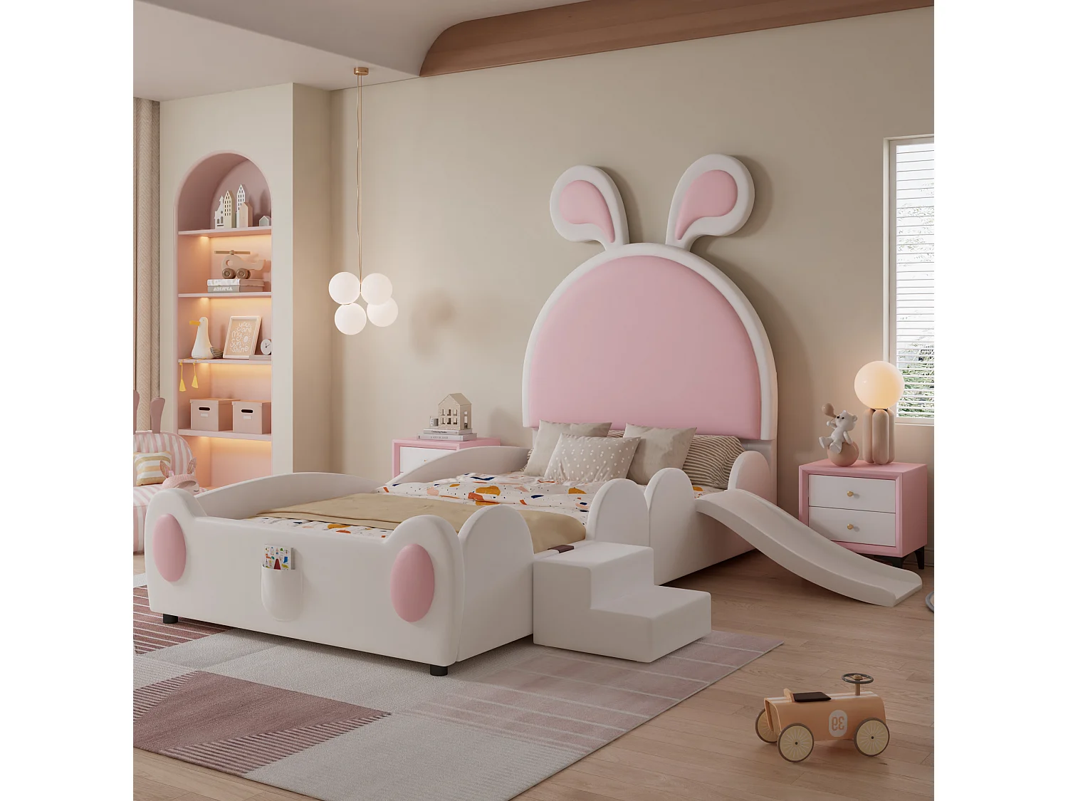 Letto singolo imbottito, scaletta, scivolo, testiera a orecchie di coniglio, doghe in legno, PU, bianco+rosa, 90x200cm