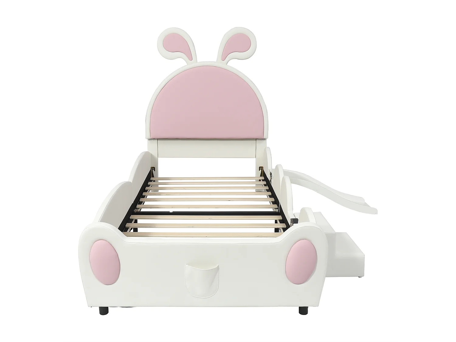 Letto singolo imbottito, scaletta, scivolo, testiera a orecchie di coniglio, doghe in legno, PU, bianco+rosa, 90x200cm