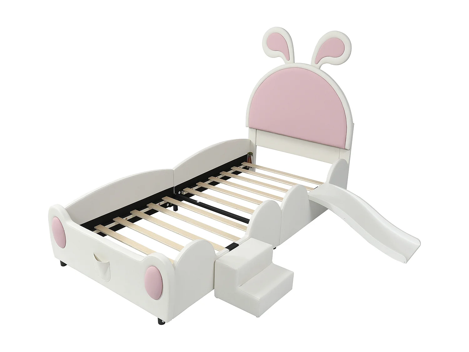 Letto singolo imbottito, scaletta, scivolo, testiera a orecchie di coniglio, doghe in legno, PU, bianco+rosa, 90x200cm