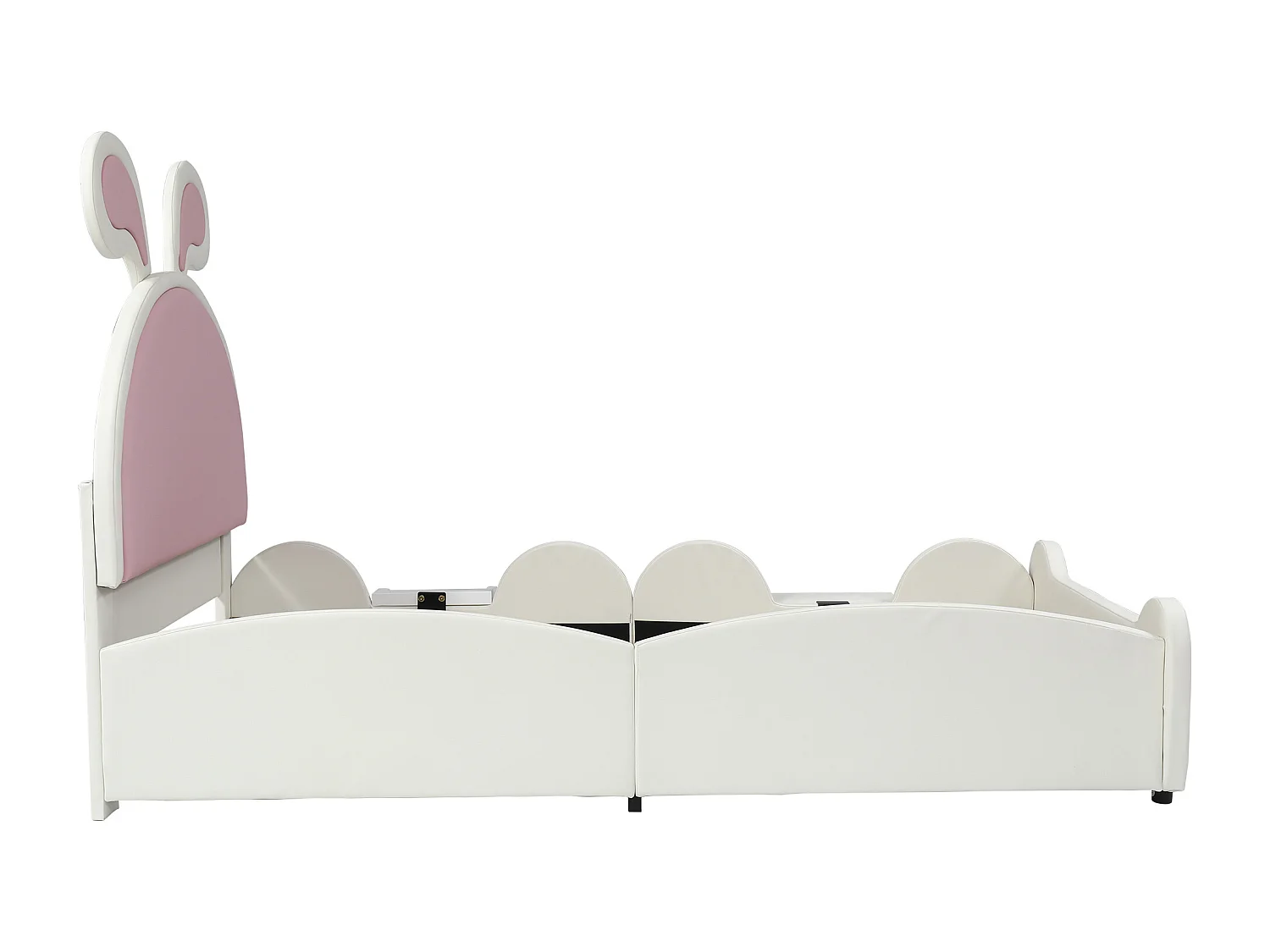 Letto singolo imbottito, scaletta, scivolo, testiera a orecchie di coniglio, doghe in legno, PU, bianco+rosa, 90x200cm