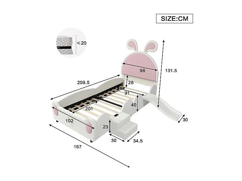 Lit simple rembourré, échelle, toboggan, tête de lit oreilles de lapin, lattes en bois, PU, blanc+rose, 90x200cm