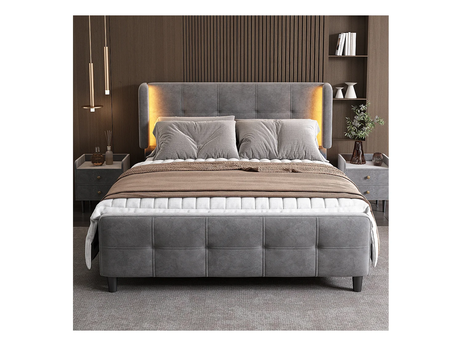 Letto matrimoniale imbottito, LED 16 colori, testiera/pediera imbottita, metallo, regolabile, velluto, grigio, 140x200cm