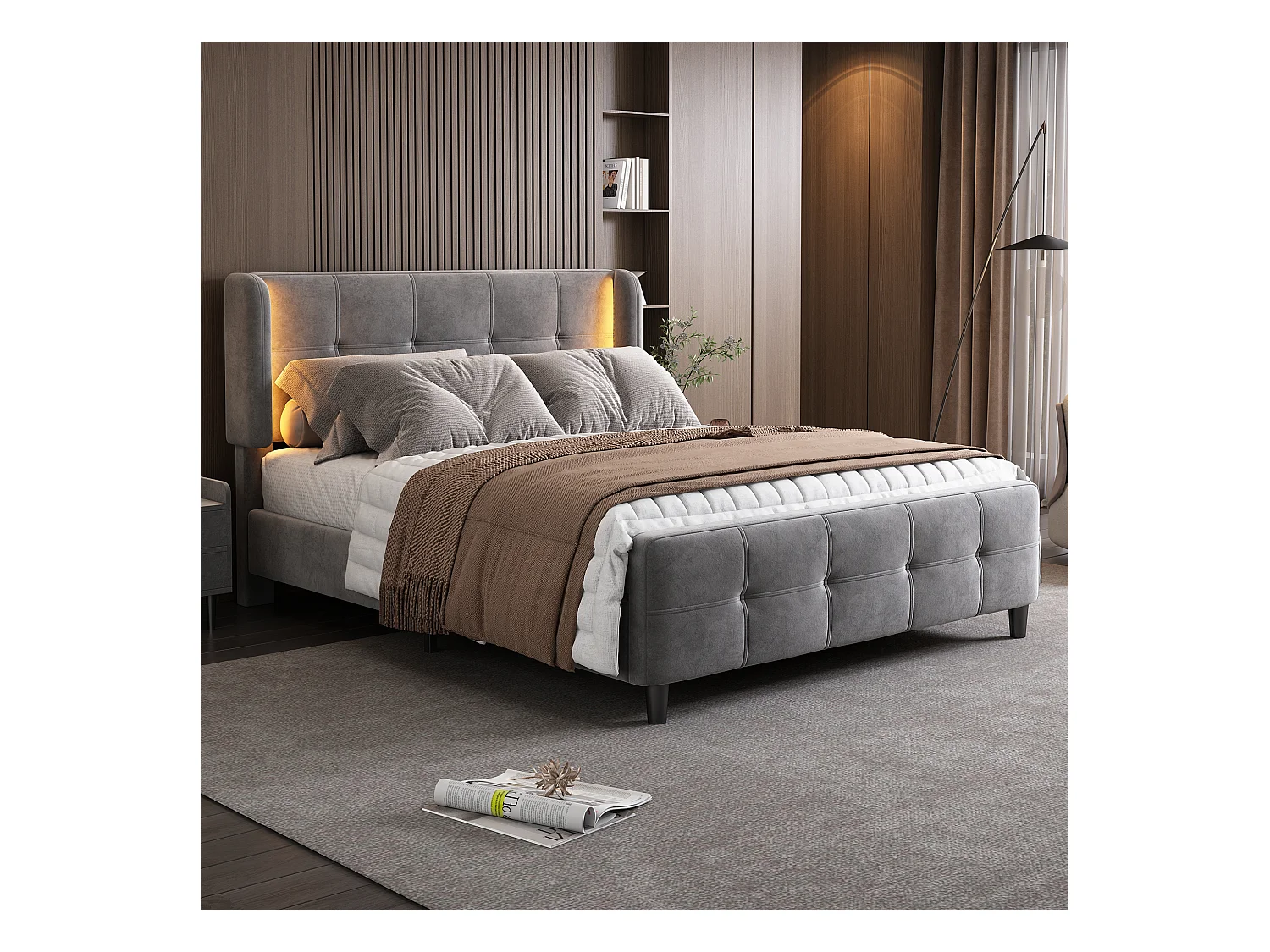 Letto matrimoniale imbottito, LED 16 colori, testiera/pediera imbottita, metallo, regolabile, velluto, grigio, 140x200cm
