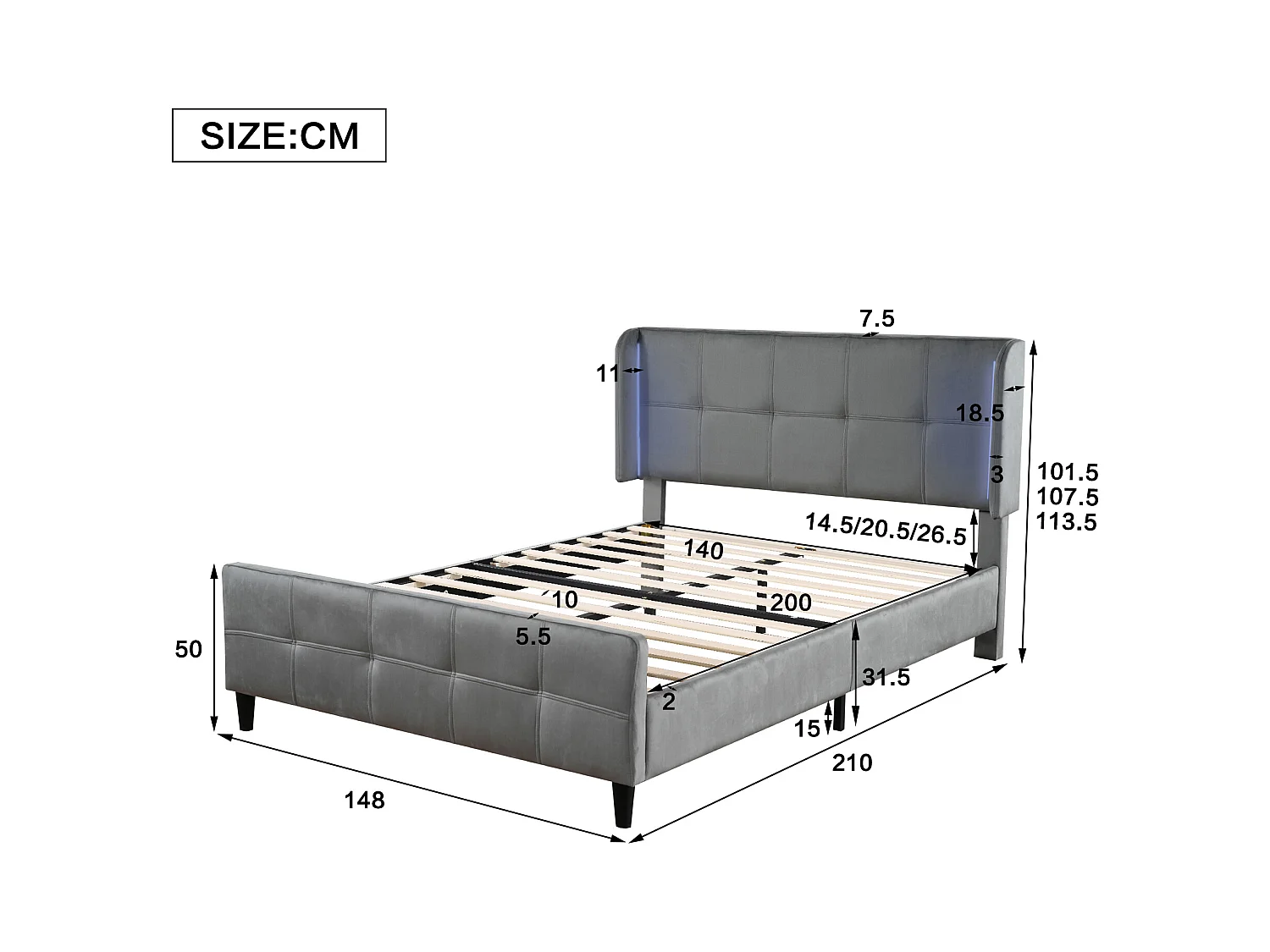 Letto matrimoniale imbottito, LED 16 colori, testiera/pediera imbottita, metallo, regolabile, velluto, grigio, 140x200cm