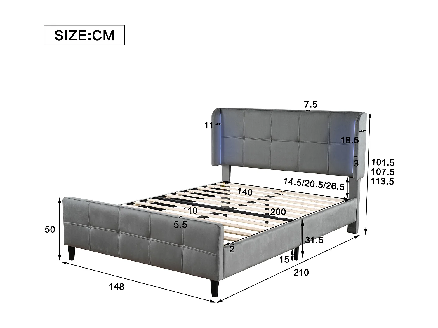 Gepolstertes Doppelbett, 16-Farben-LED, gepolstertes Kopf-/Fußteil, Metall, verstellbar, Samt, grau, 140x200cm