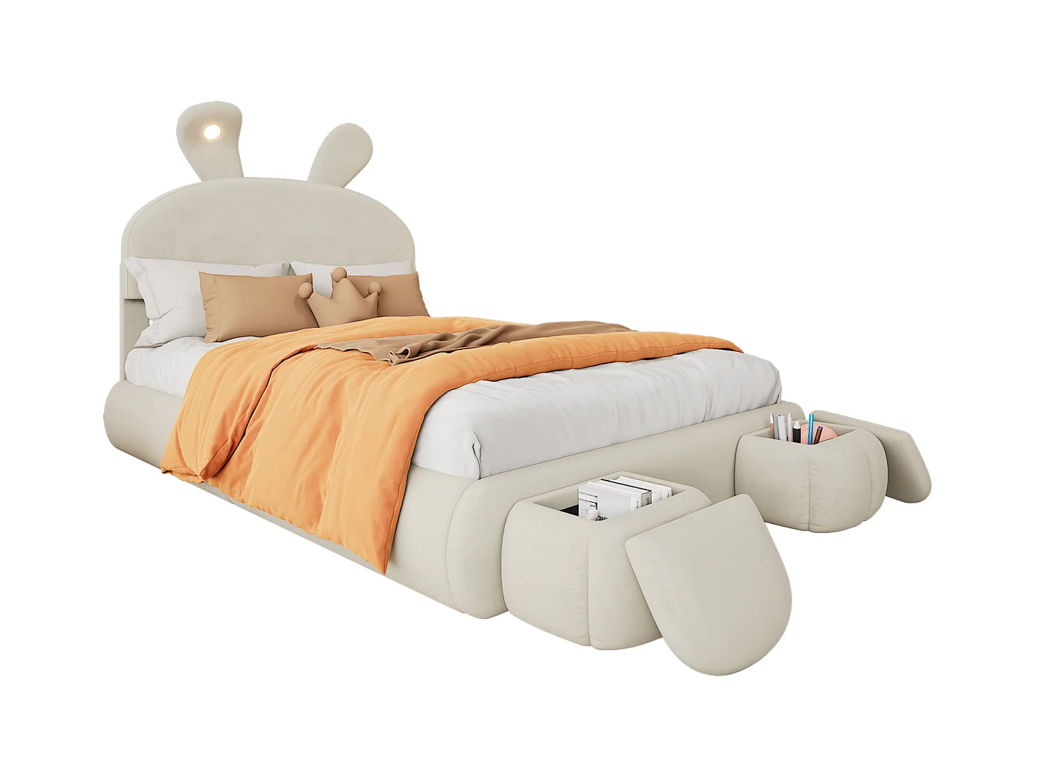 Lit double tapissé, hydraulique, oreilles de lapin (lumière réglable, bandes chaudes), rangement (dessous, 2 tabourets), velours, beige, 140x200cm