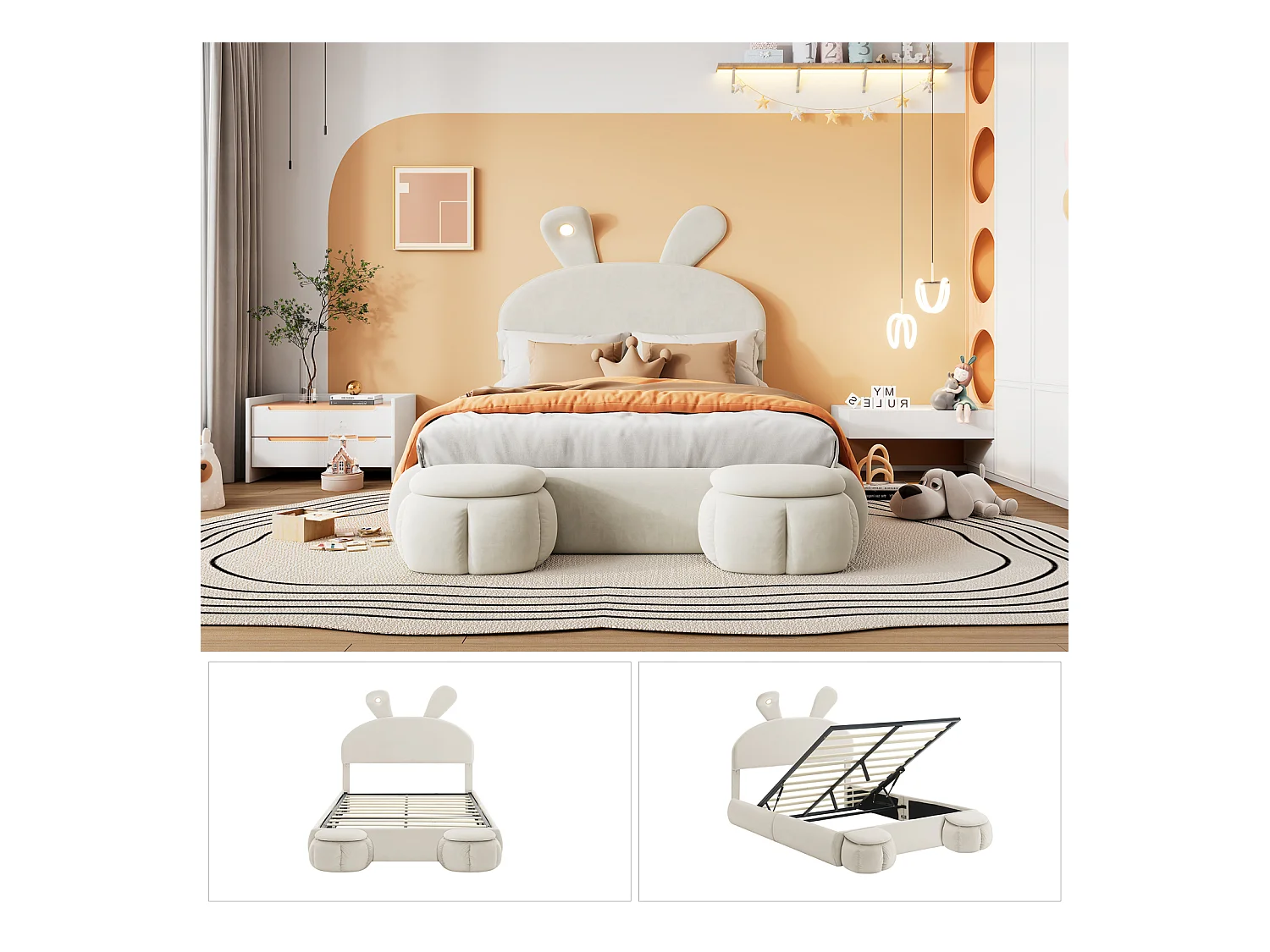 Lit double tapissé, hydraulique, oreilles de lapin (lumière réglable, bandes chaudes), rangement (dessous, 2 tabourets), velours, beige, 140x200cm