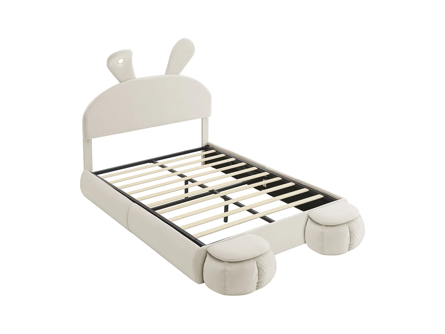 Lit double tapissé, hydraulique, oreilles de lapin (lumière réglable, bandes chaudes), rangement (dessous, 2 tabourets), velours, beige, 140x200cm