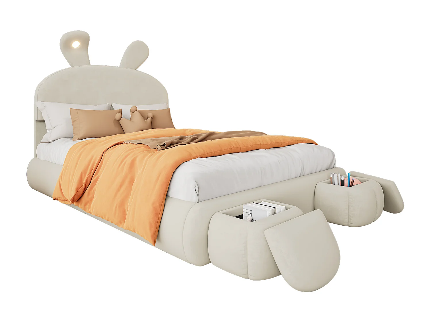 Letto matrimoniale imbottito, idraulico, orecchie da coniglio (luce dimmerabile, strisce calde), contenitore (sotto, 2 sgabelli), velluto, beige, 140x200cm