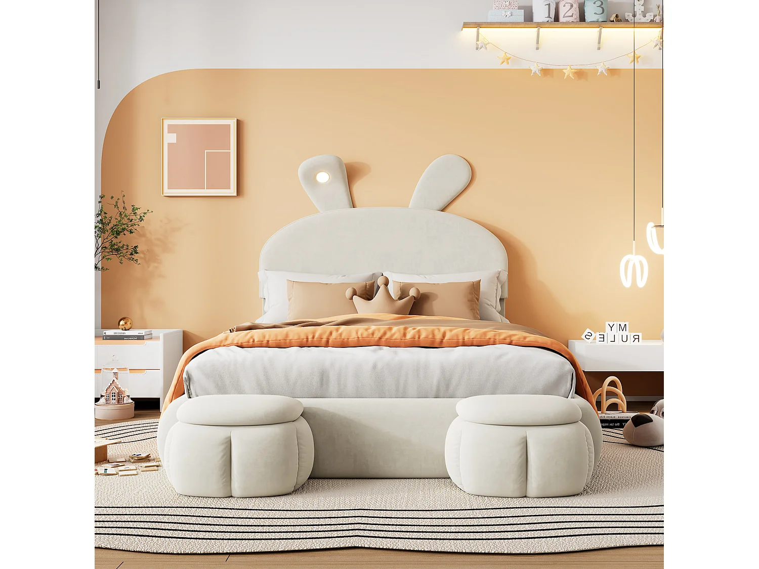 Letto matrimoniale imbottito, idraulico, orecchie da coniglio (luce dimmerabile, strisce calde), contenitore (sotto, 2 sgabelli), velluto, beige, 140x200cm