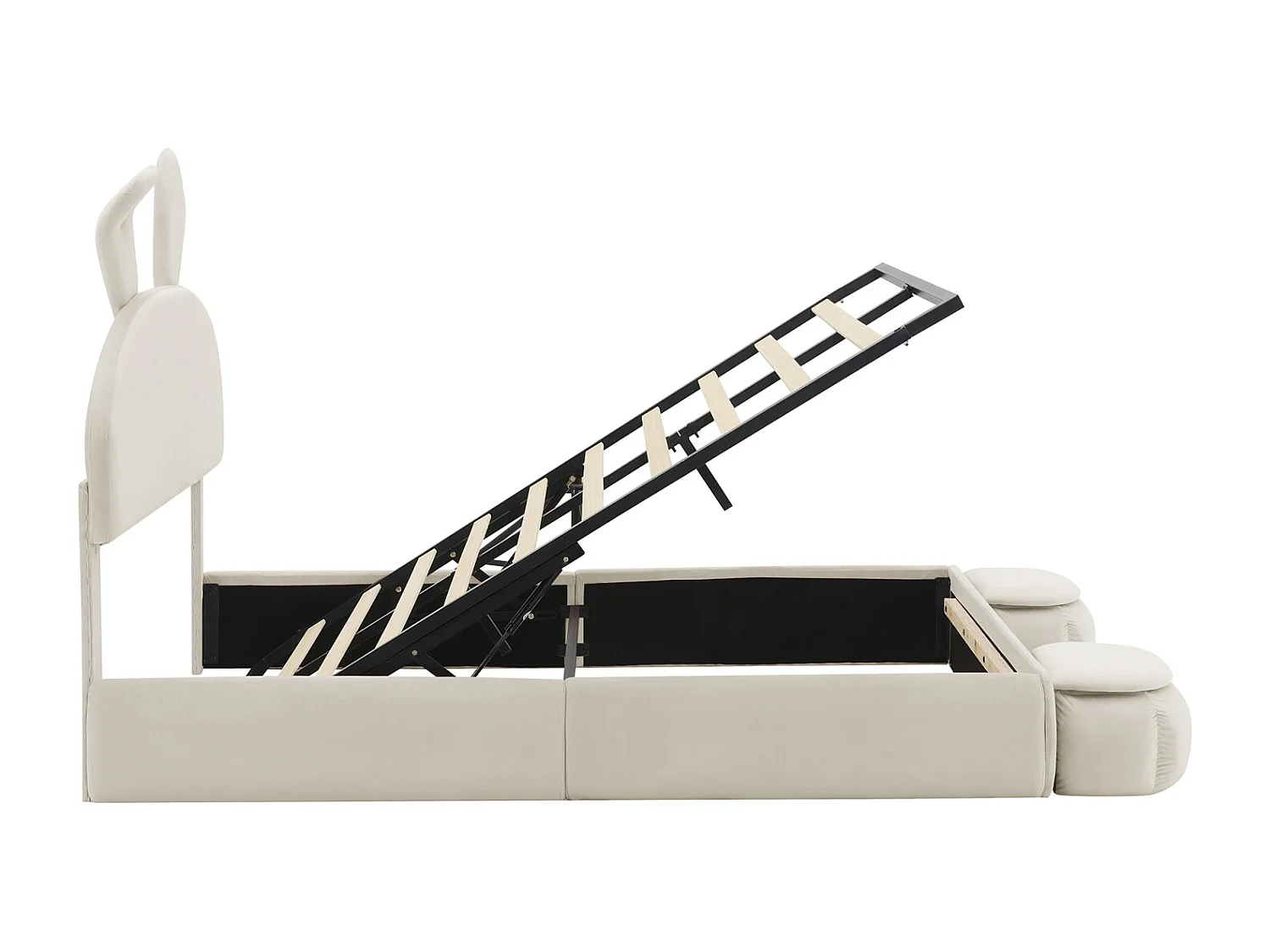 Letto matrimoniale imbottito, idraulico, orecchie da coniglio (luce dimmerabile, strisce calde), contenitore (sotto, 2 sgabelli), velluto, beige, 140x200cm