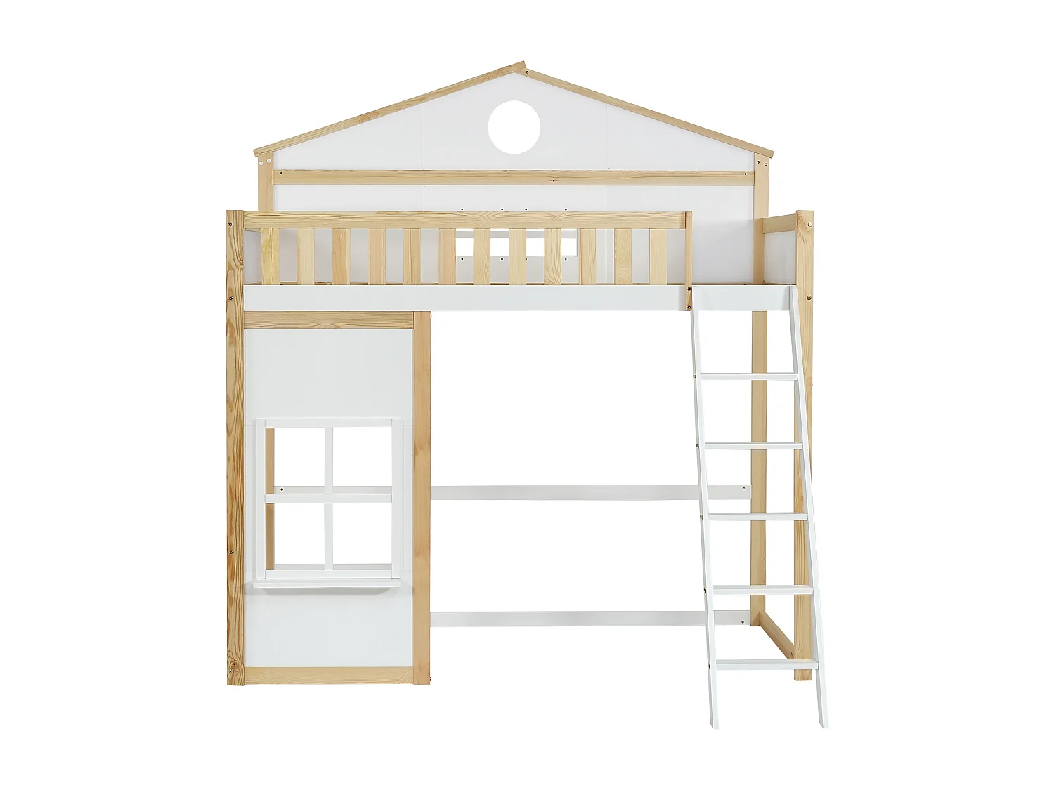 Stapelbed, ladder, bescherming, leuningen, dak, raam, grenen + MDF, wit + naturel, 90x200cm