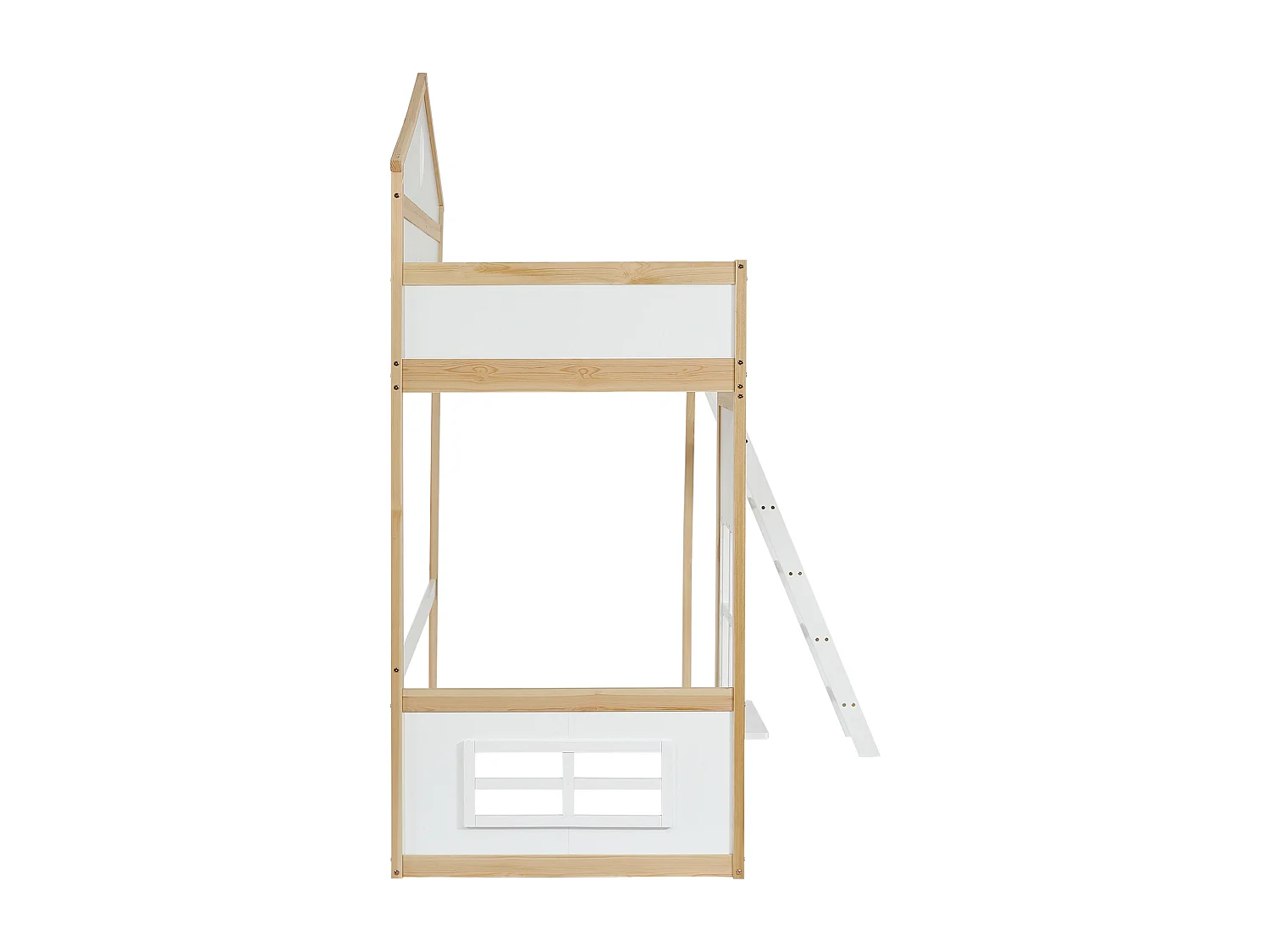 Stapelbed, ladder, bescherming, leuningen, dak, raam, grenen + MDF, wit + naturel, 90x200cm