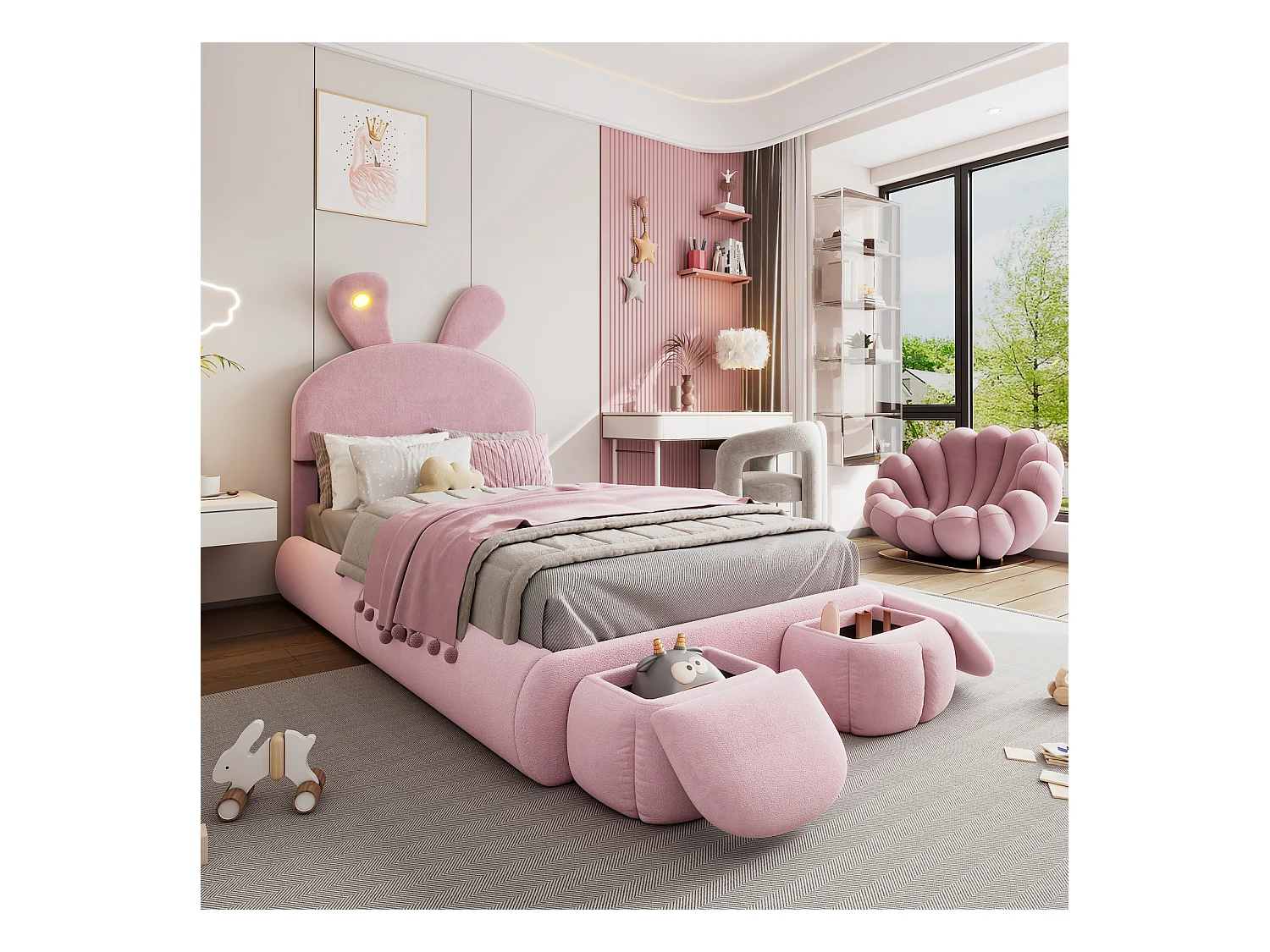 Lit simple rembourré, oreilles de lapin (lumière variable, bandes chaudes), 2 tabourets, lattes de bois, velours, rose, 90x200cm